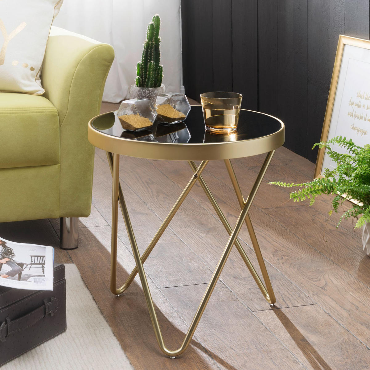 BEISTELLTISCH Glas Kupfer V-Gestell 70er-Jahre Design, Gold 42x42x46 cm - Goldfarben, Glas/Metall (42/42/46cm) - KADIMA DESIGN