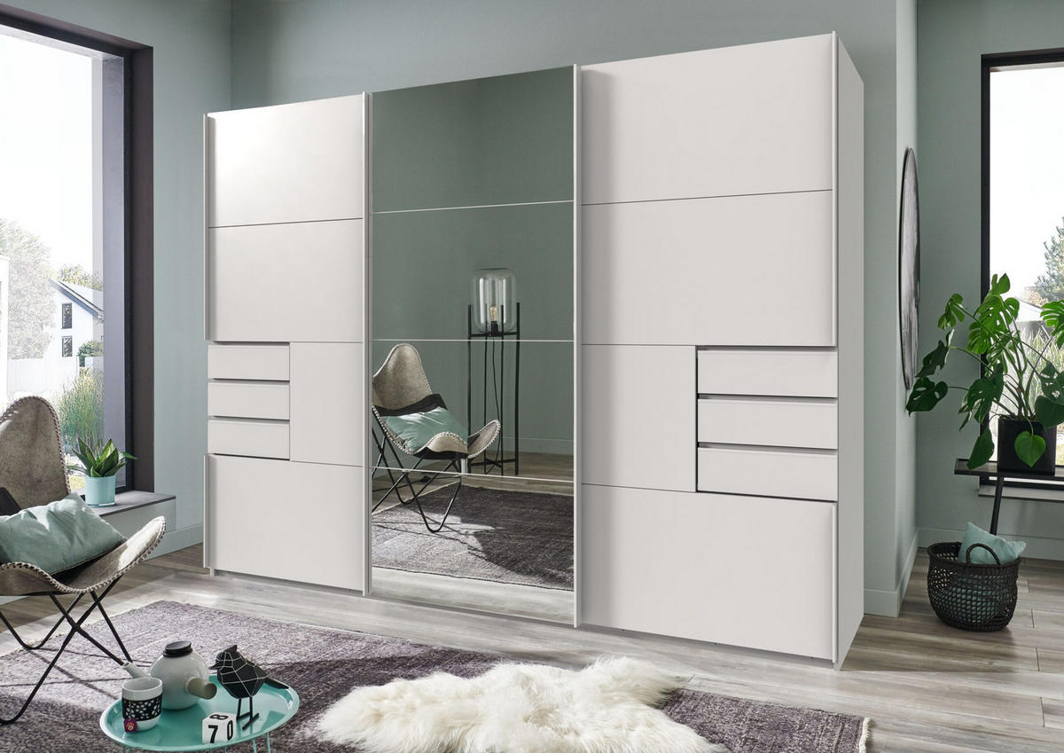 KLEIDERSCHRANK Saigon in Weiß und weißen Griffen mit einer Spiegel Türfront – Schwebetürenschrank 3 türig - 270 cm Breite - Weiß, Holzwerkstoff (80/200/120cm)
