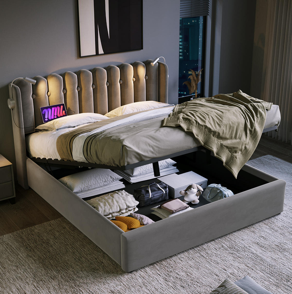 BETT mit Stauraum 140x200 cm Samt Grau mit USB und Leselicht - Grau, Metall (140/200cm) - Meubliv