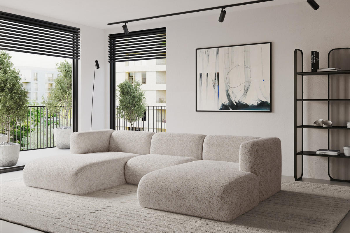 WOHNLANDSCHAFT MIRA-U1 317x179x70 Hellgrau Velours - Hellgrau/Schwarz, Holzwerkstoff/Kunststoff (317/70/179cm) - ALTDECOR