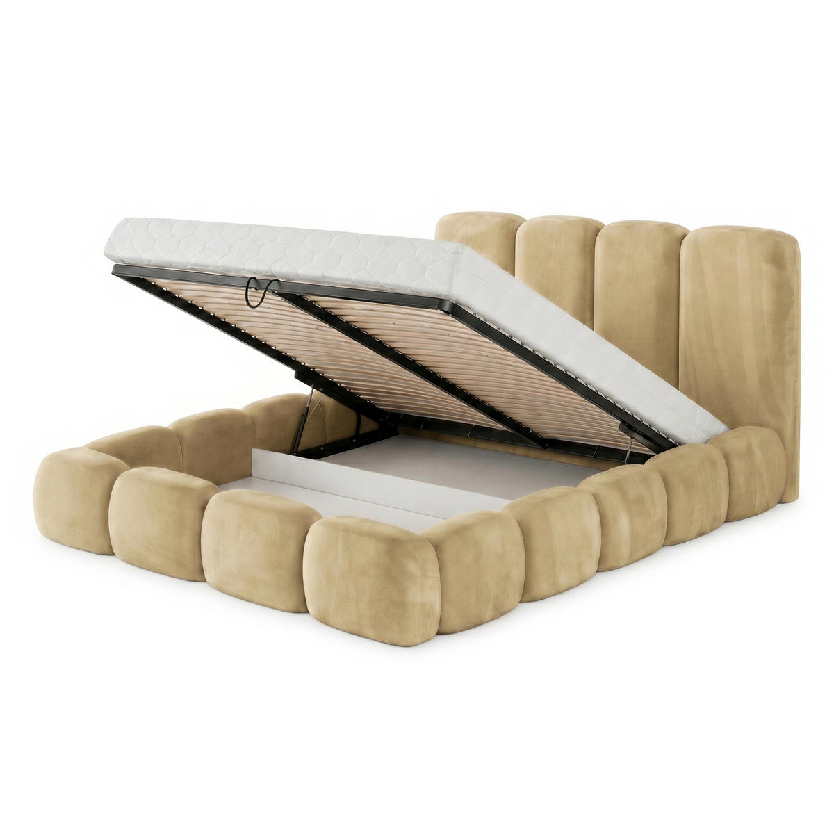 POLSTERBETT SUENO MAXI 160x200 cm in Beige, gepolstertes Kopfteil, Metalllattenrost, Bettkasten, Velour-Stoff - Beige/Naturfarben, Holz/Textil (160/200cm) - Muffo