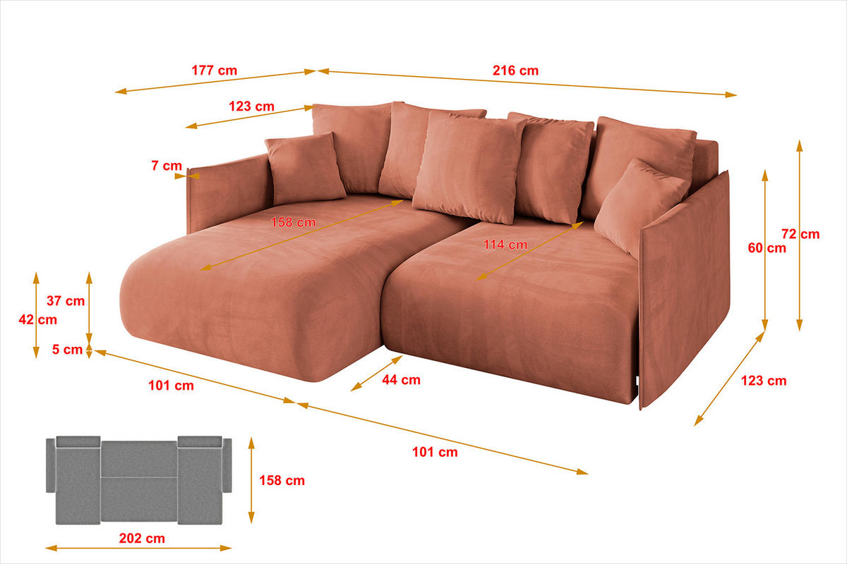 ECKSOFA mit Schlaffunktion und Bettkasten ONESK-L 216x177x72 Apricot Velours - Koralle, Holzwerkstoff/Kunststoff (216/177cm) - ALTDECOR