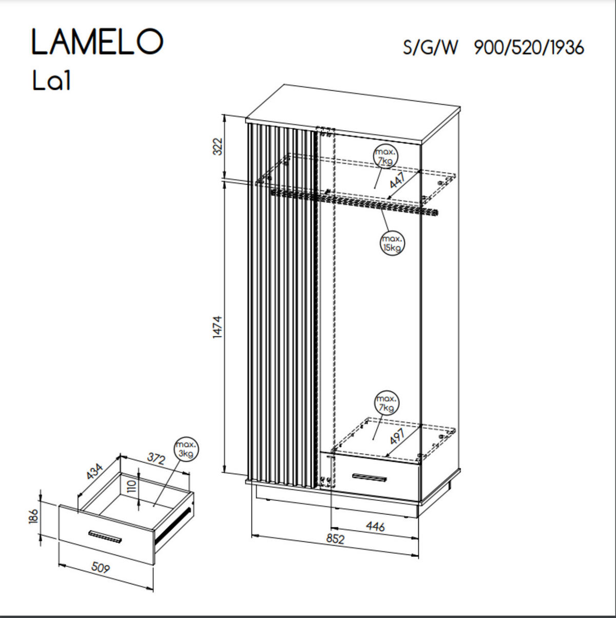 KLEIDERSCHRANK Lamelo Wotan eiche, Zweitüriger Kleiderschrank mit Schublade - Schwarz/Braun, Holzwerkstoff (90/193/52cm) - Bettso