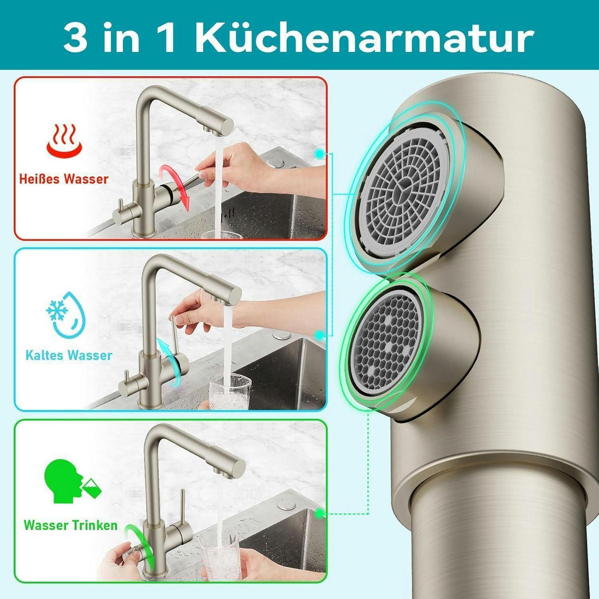 KÜCHENARMATUR 3 Wege mit Trinkwasserauslauf Edelstahl - Silberfarben, Metall (20.3/5.1/27.4cm)