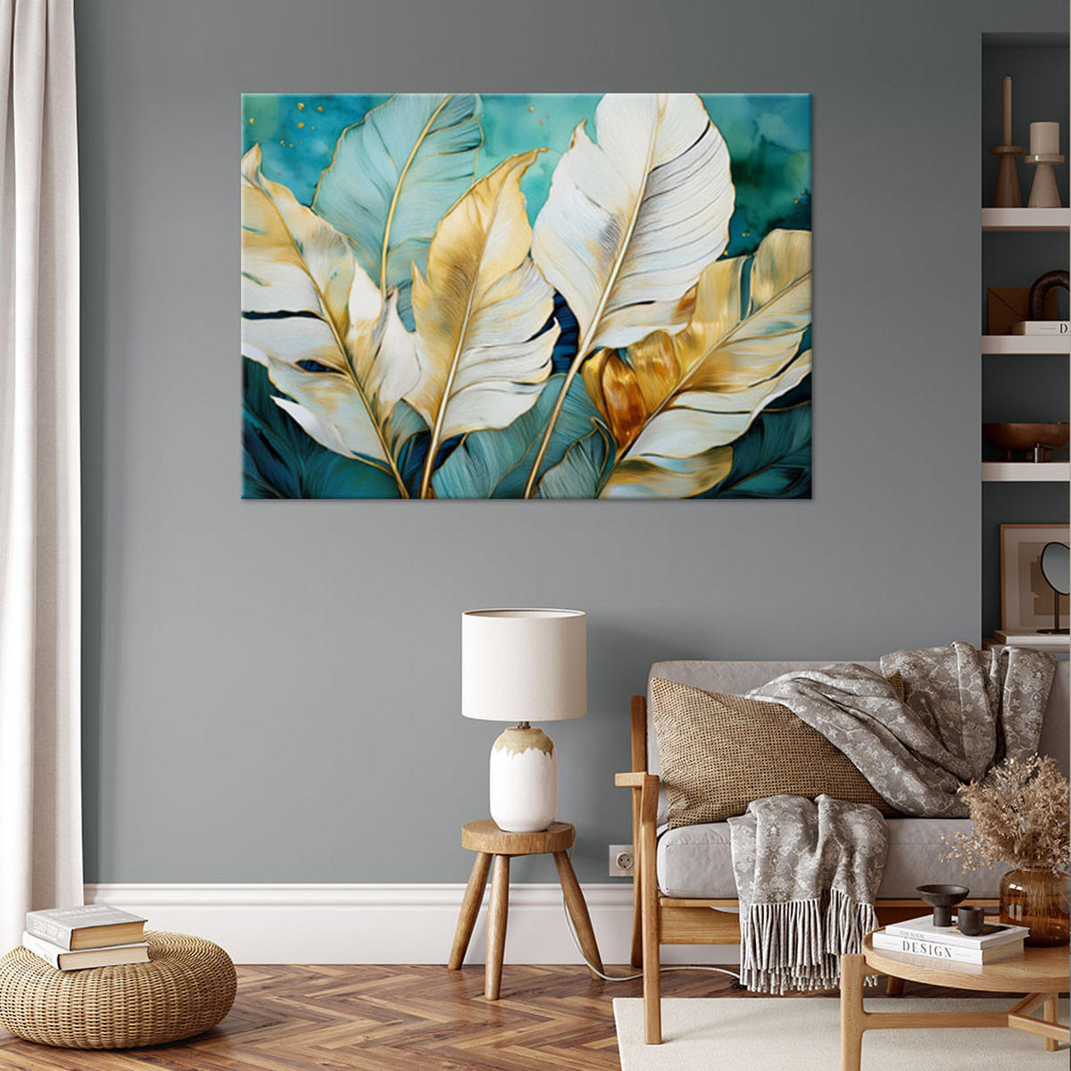 WANDBILD weiße und goldene bananenblätter türkis - Türkis, Textil (120/80cm) - Feeby