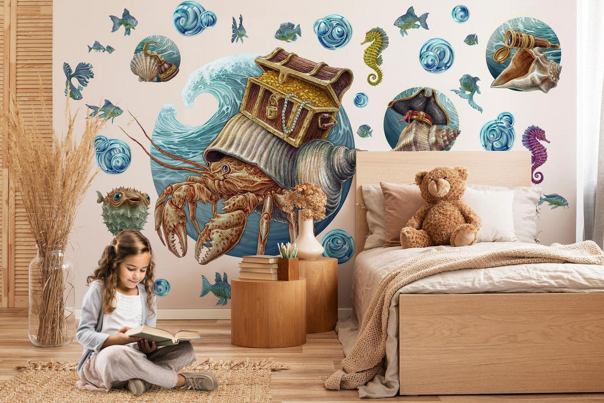 WANDAUFKLEBER 130x142cm - Die Unterwasserwelt der Krabbe - Multicolor, Kunststoff (130/142/0.1cm) - Wallfluent