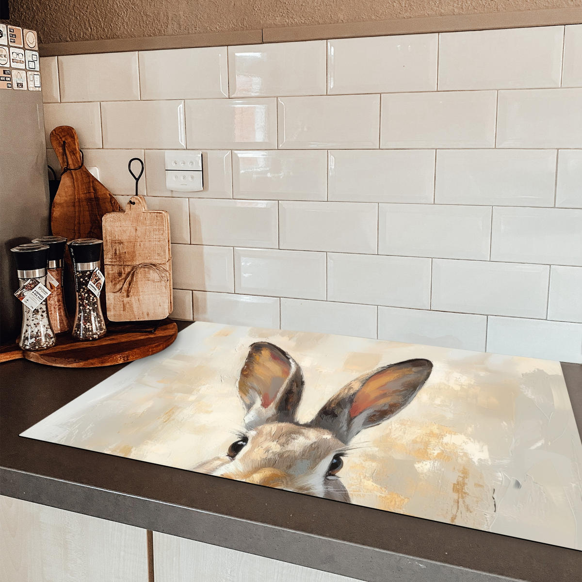 HERDABDECKPLATTE Hase - Ohren - Braun Induktionsschutz 81.6x52.7 cm - Beige, Kunststoff (81.6/52.7/0.2cm) - MuchoWow