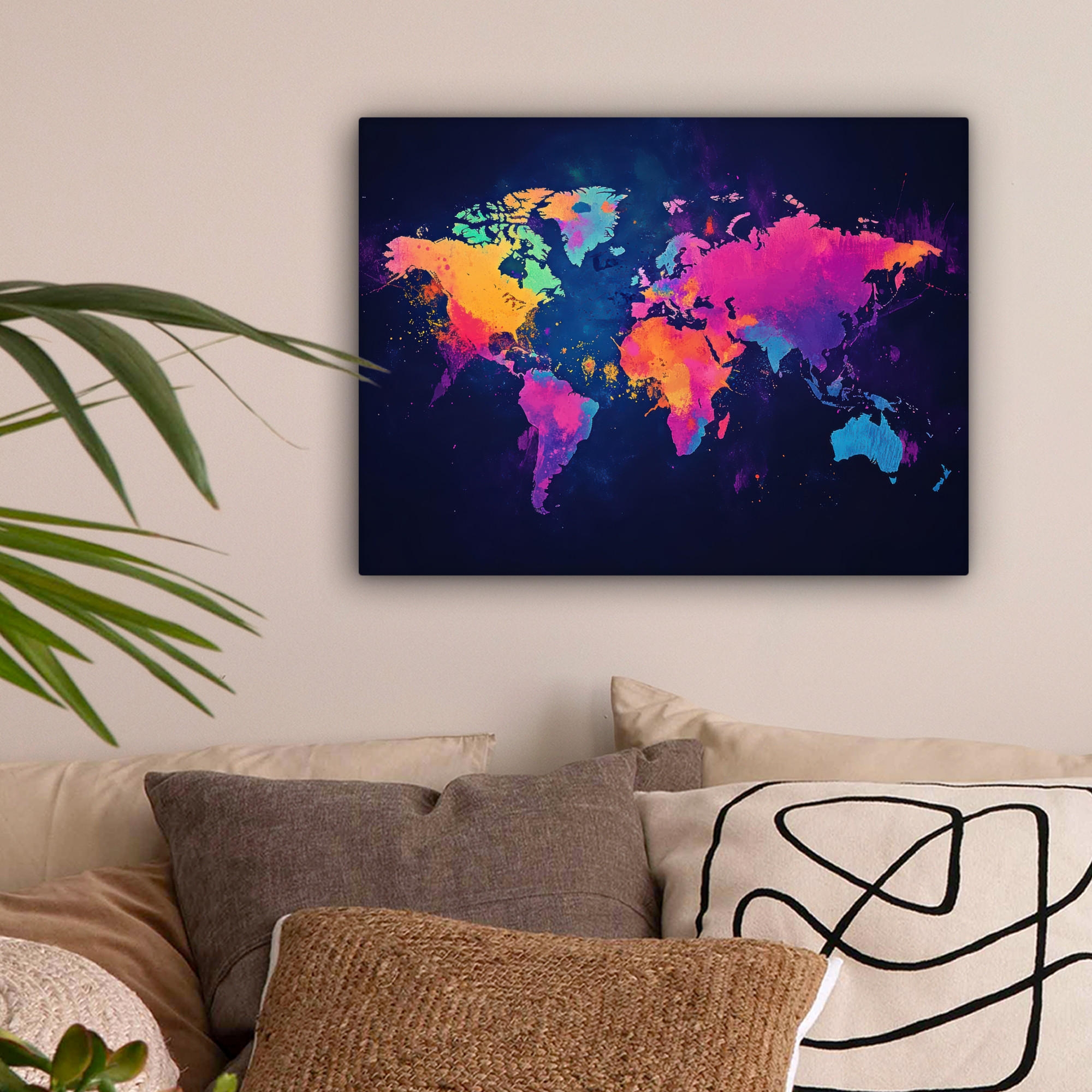 LEINWANDBILD Weltkarte - Bunt - Graffiti 40x30 cm - Multicolor, Textil (40/30cm) - MuchoWow