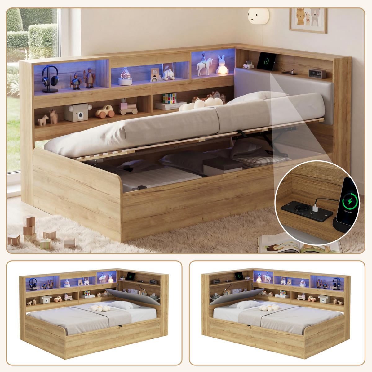 DETSKÁ posteľ 90/200 cm prírodná s hydraulickým úložným priestorom LED a USB z MDF - prírodná farba, kompozitné drevo (90/200cm) - OKWISH