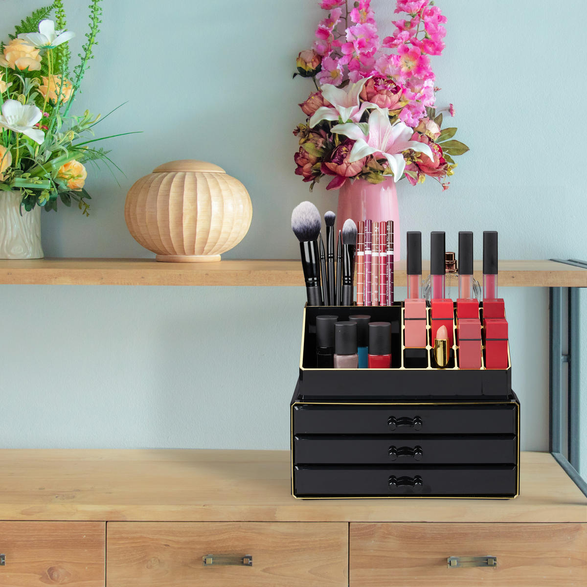 MAKEUP Organizer - Schwarz, Kunststoff (23.5/19/14cm) - Relaxdays
