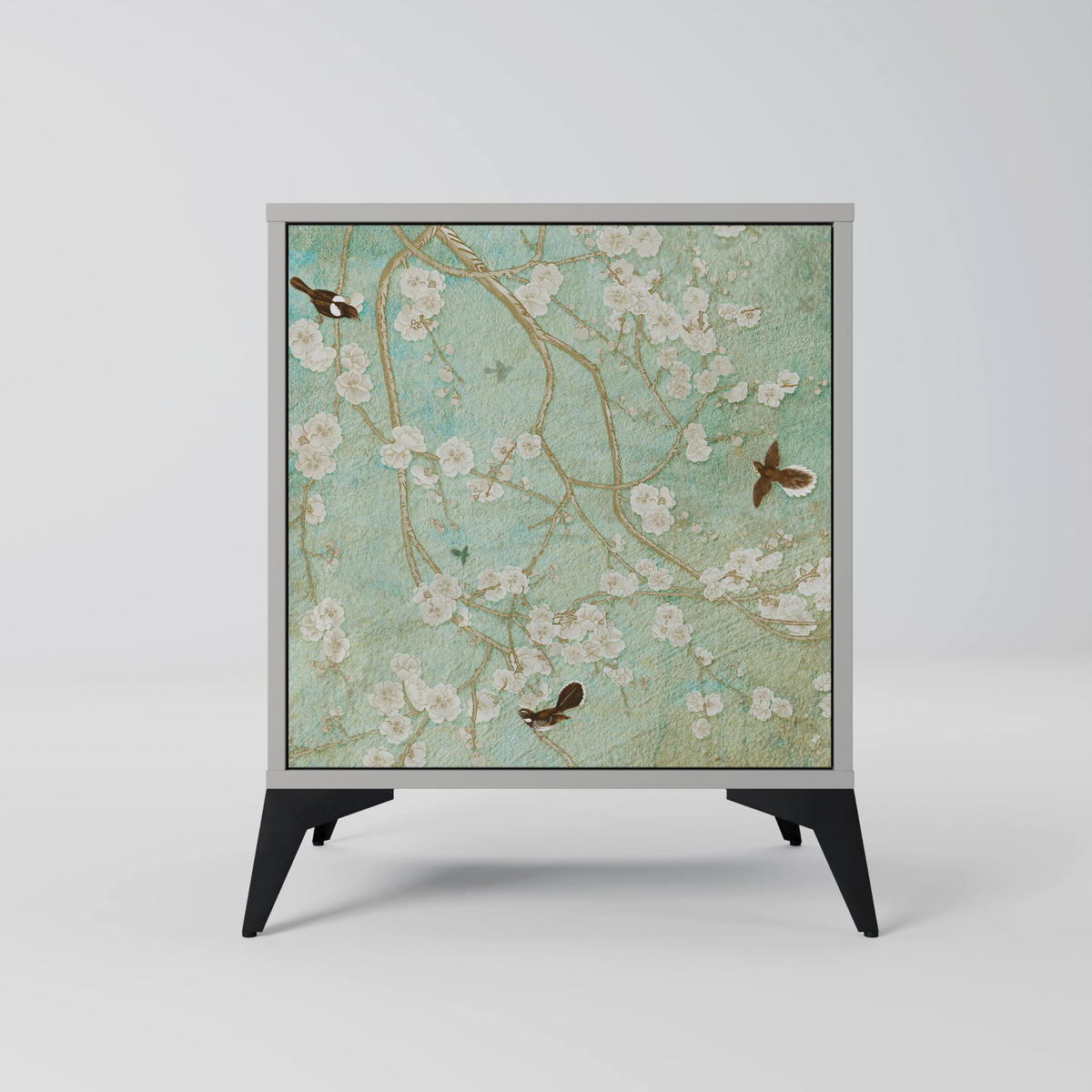 SIDEBOARD BLOOMING CHARM, Grau, 57,5x42x72,5 cm, Schwarze Metallfüße - Multicolor/Schwarz, Holzwerkstoff/Metall (57.5/72.5/42cm) - SpaceRebels
