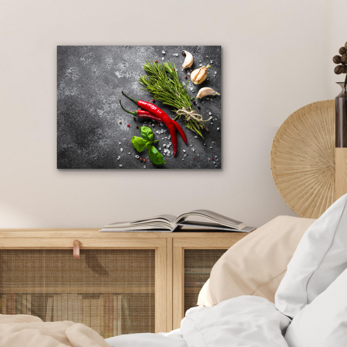 KOVOVÝ OBRAZ Korenie - bylinky - korenie - betón 40x30 cm - tmavosivá, kov (40/30cm) - MuchoWow