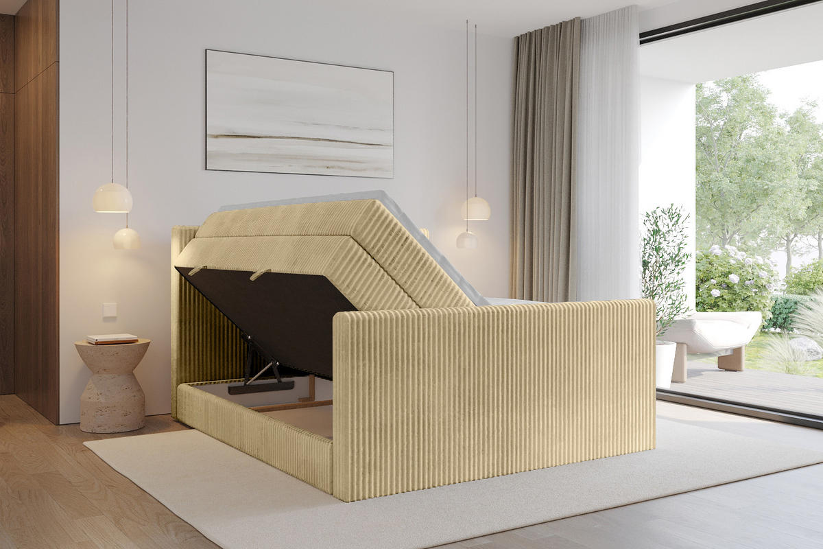 BOXSPRINGBETT mit Matratze H3|H4 und Lattenrost - TOLO-Z KING 160x200 Cord - Ecru - Ecru, Holzwerkstoff (160/200cm) - ALTDECOR