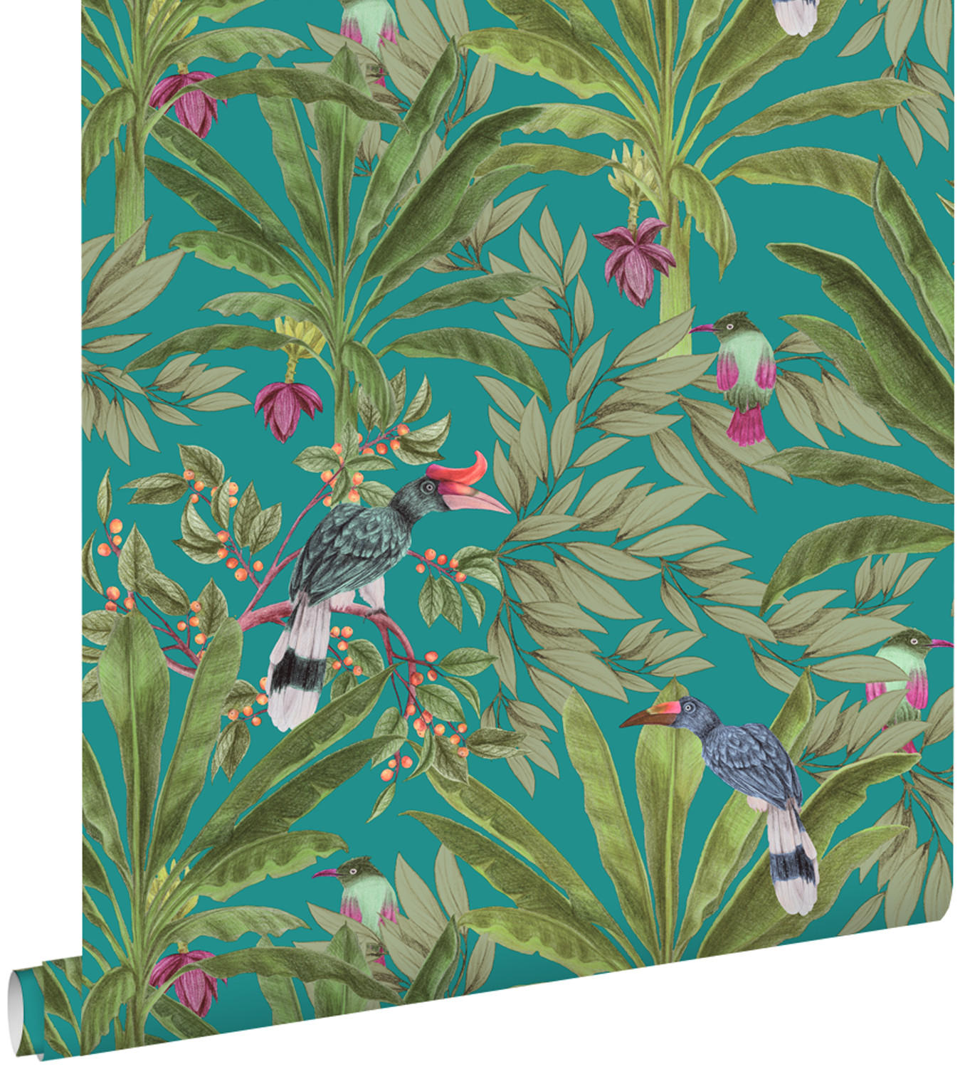 TAPETE tropische Dschungelblätter und Paradiesvögel 53 cm x 10.05 m - Grün, Papier (53/1000cm) - ESTAhome