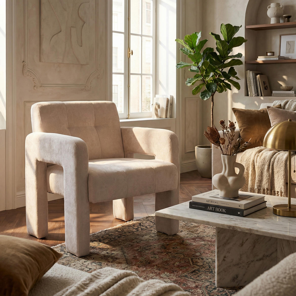 SESSEL Nordic Style aus Chenille mit ergonomischen Armlehnen - Beige, Textil (67/74/69cm) - Urban Meuble