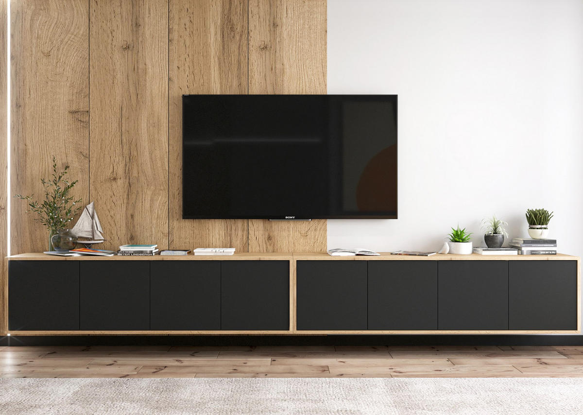 TV-LOWBOARD 2-er Set Apollo2 Eiche wotan Schwarz Matt 150 cm - Schwarz, Holzwerkstoff (300/39/35cm) - Meble Lindner