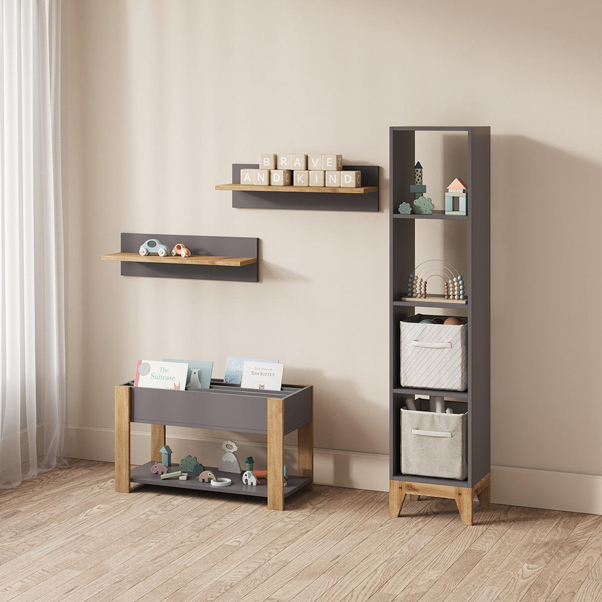 KINDERREGAL Mailo Grau/Artisan 80 x 46 cm - Eiche Artisan/Grau, Holzwerkstoff (80/46/40cm) - Livinity®