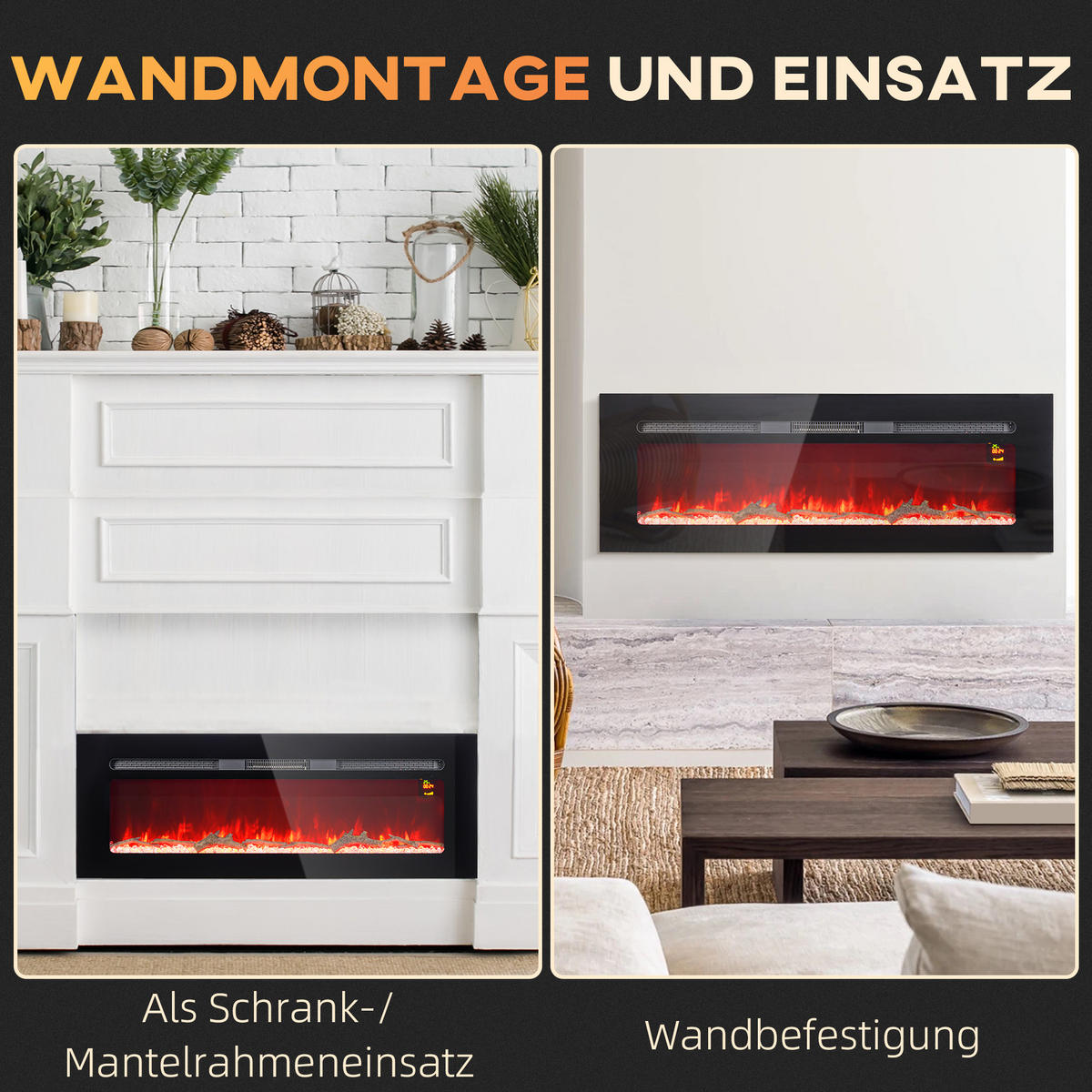 ELEKTROKAMIN 1800 W Wandkamin mit LED 3D-Flammeneffekt Kristalle in 3 Farben - Schwarz, Metall (15.8/45/127cm) - HOMCOM