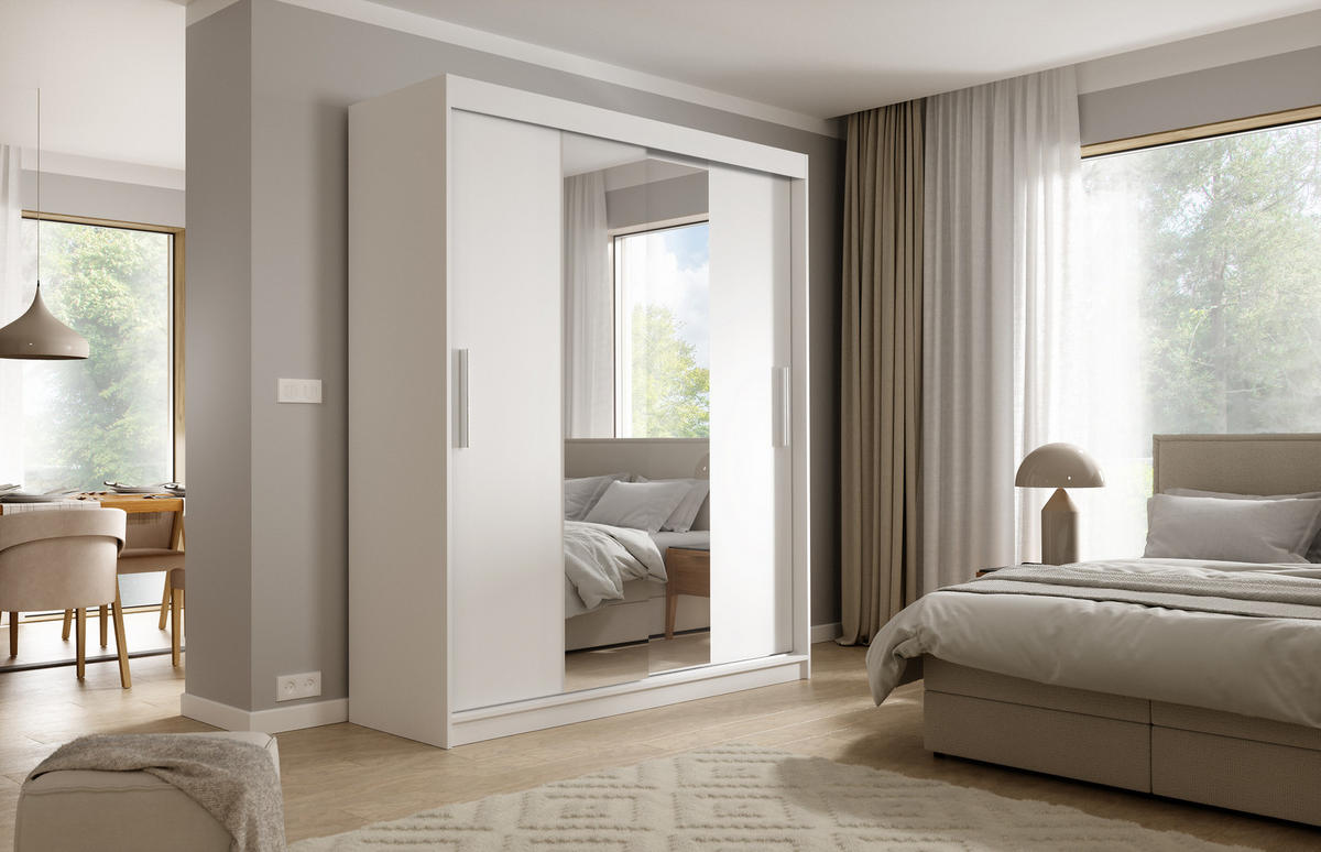 SCHWEBETÜRENSCHRANK VIVA 180/215,5/59cm 2-türig mit Spiegel Weiß - Weiß, Holzwerkstoff (180/215.5/59cm) - MASSENO