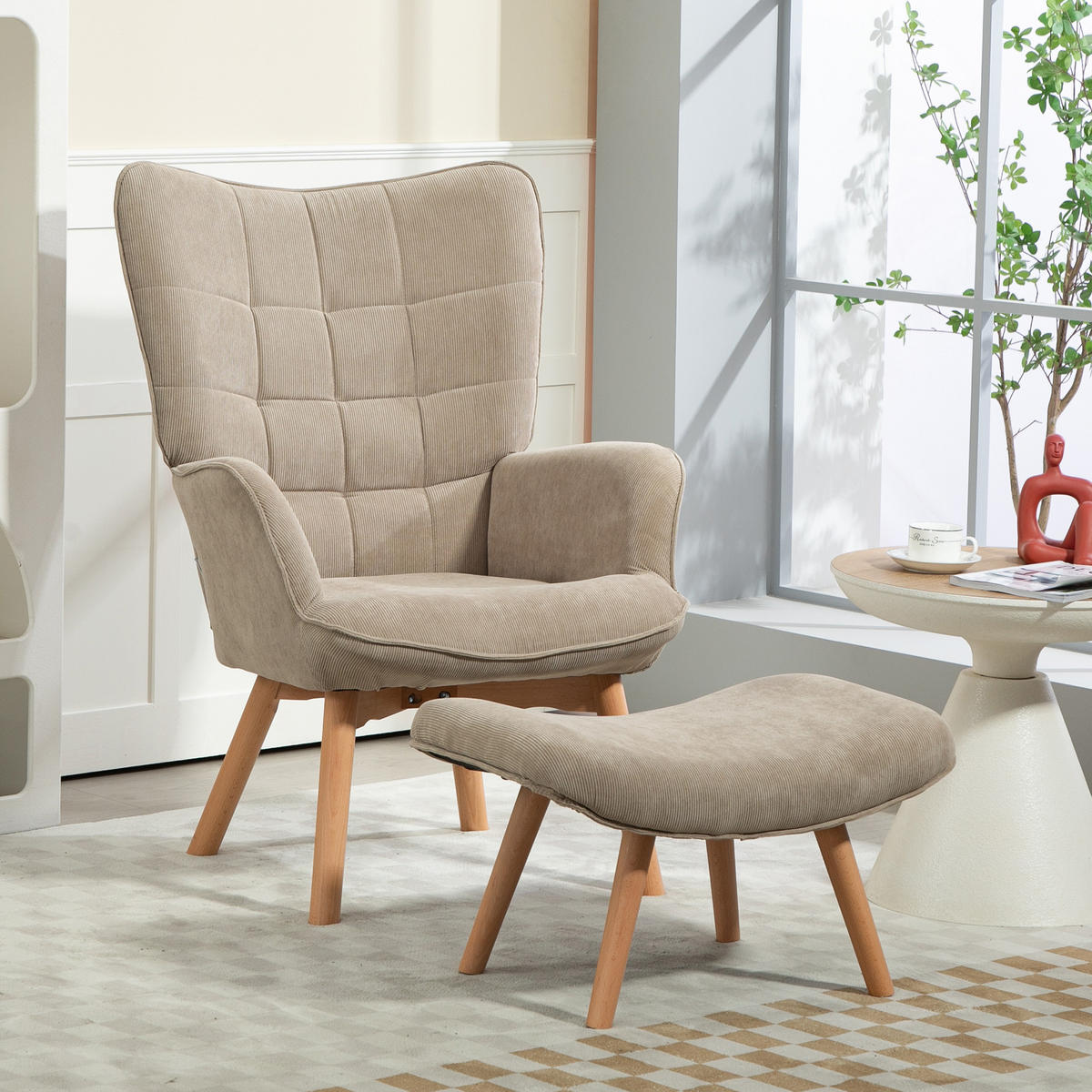 OHRENSESSEL mit Hocker, Relaxsessel, Polstersessel in Cord-Optik, mit Holzbeine - Braun, Holz (72/101/80cm) - HOMCOM
