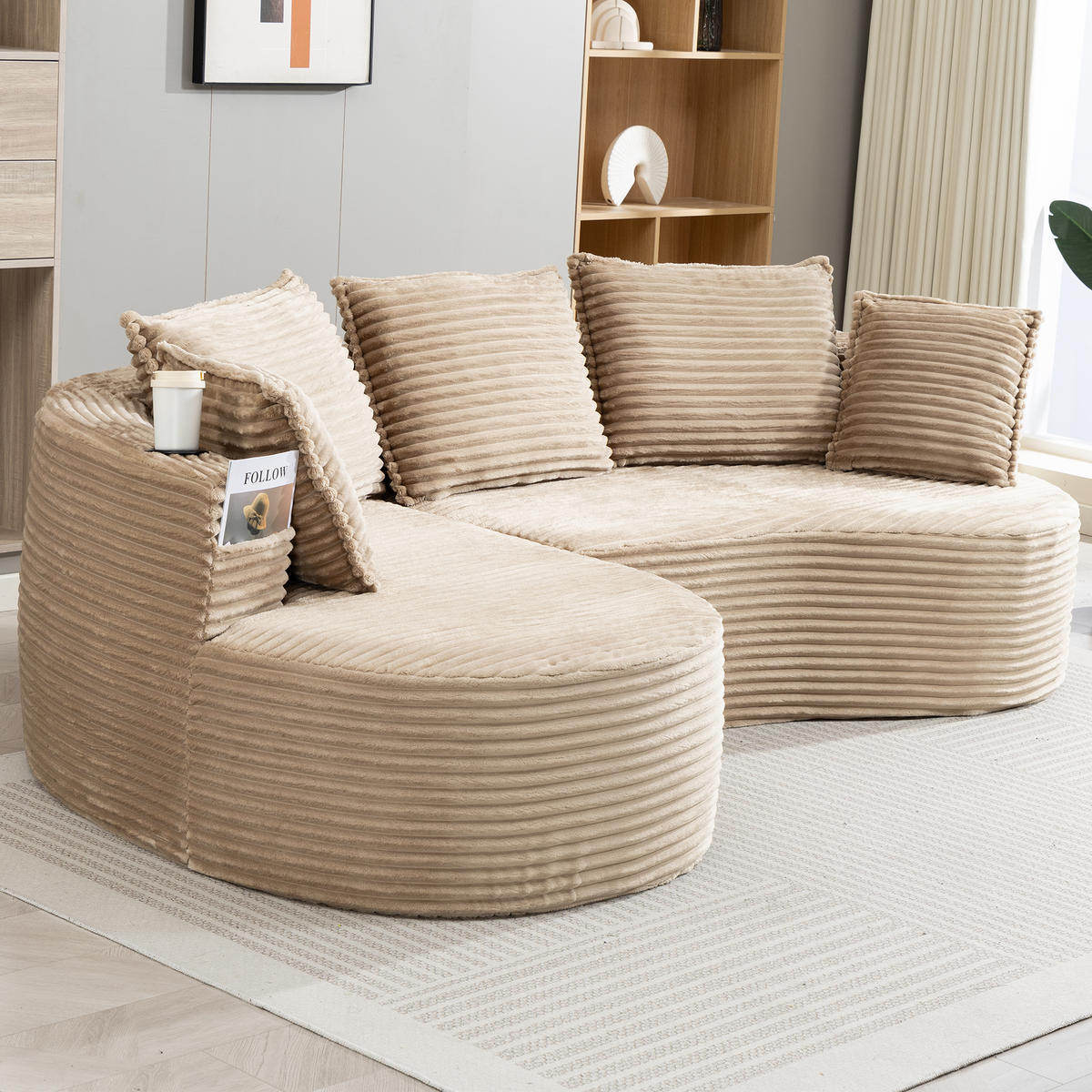ECKSOFA Cord Khaki mit Becherhaltern, Seitentaschen und mit Kissen - Hellbraun, Textil (250/152cm) - WISHDOR