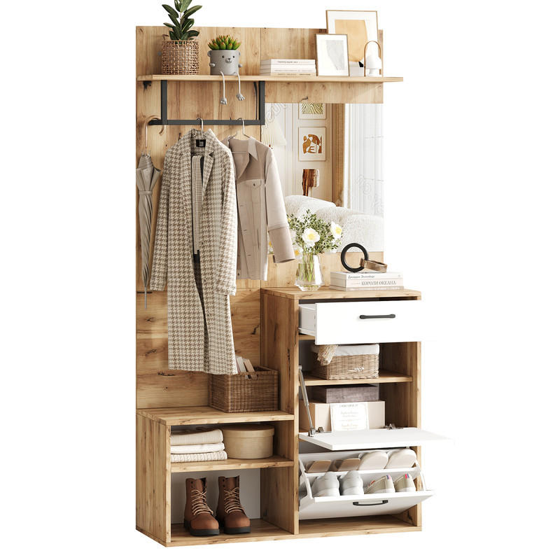 GARDEROBEN-SET WEISS mit Spiegel und Schuhbank 100x38.5x190 cm - Braun, Holzwerkstoff (38.5/190/100cm) - Fuleadture