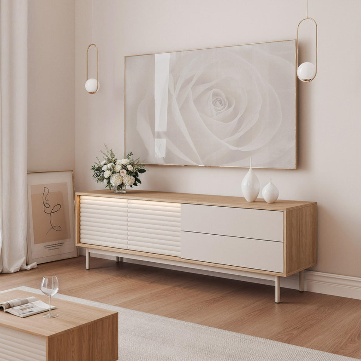 TV-LOWBOARD LUSSO mit LED-Beleuchtung, 160 cm Eiche - Eichefarben, Holzwerkstoff/Metall (160/53/40cm) - Idohome