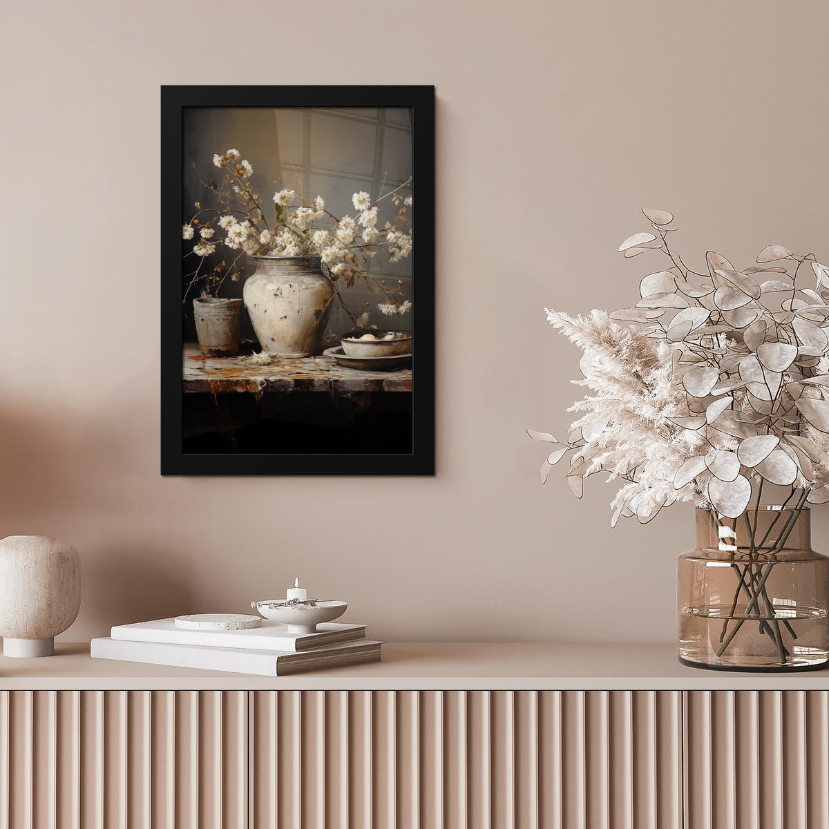 GERAHMTES BILD Stilleben - Blumen - Blumenstrauß - Vase - Wein 20x30 cm - Schwarz, Papier (20/30cm) - MuchoWow