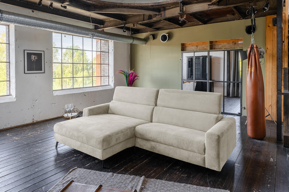 ECKSOFA LAISKA Cremeweiß Cord - Creme/Schwarz, Textil/Metall (282/177cm) - KAWOLA