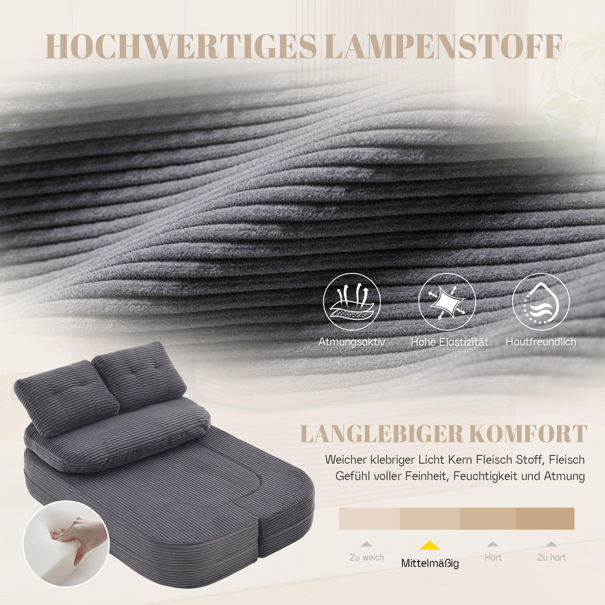 SOFA 2-in-1 mit Liegefunktion und Getränkehaltern aus Cord Dunkelgrau - Dunkelgrau, Textil (165/61/97cm) - EVRYAE