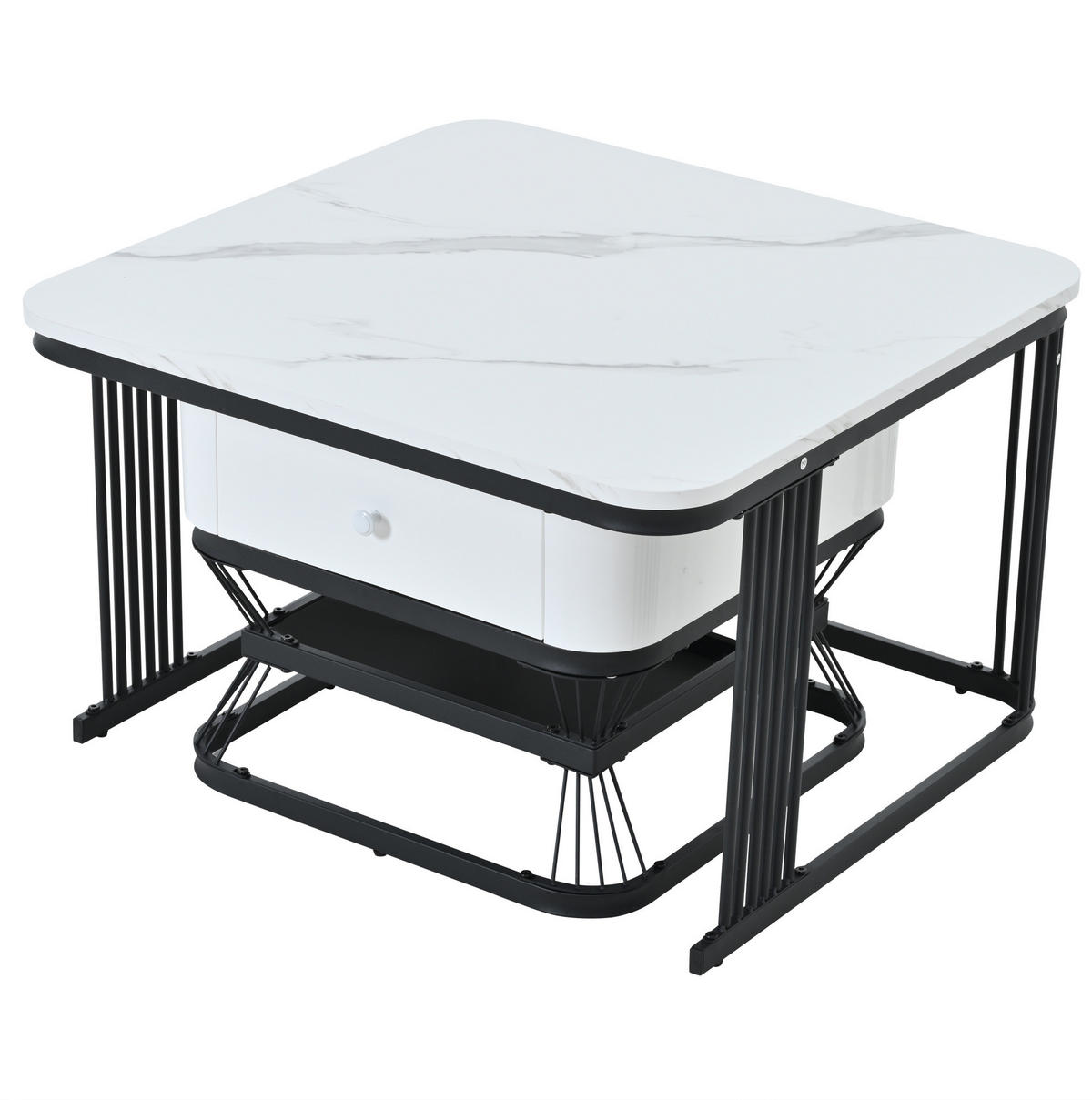 COUCHTISCH-SET, Hochglanz-Marmoroptik mit schwarzem Metallrahmen, 1 Schublade, 70/70/45 + 50/50/40 cm,Weiß - Weiß, Holzwerkstoff (70/70/45cm) - Redom