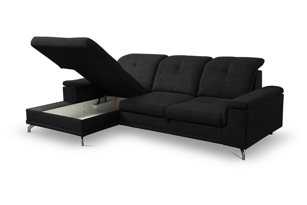 ECKSOFA PANAMA mit Schlaffunktion und Bettkasten, Farbe: Schwarz, Velourstoff, Ottomane Links - Schwarz, Textil (270/180cm) - VENASI MÖBEL