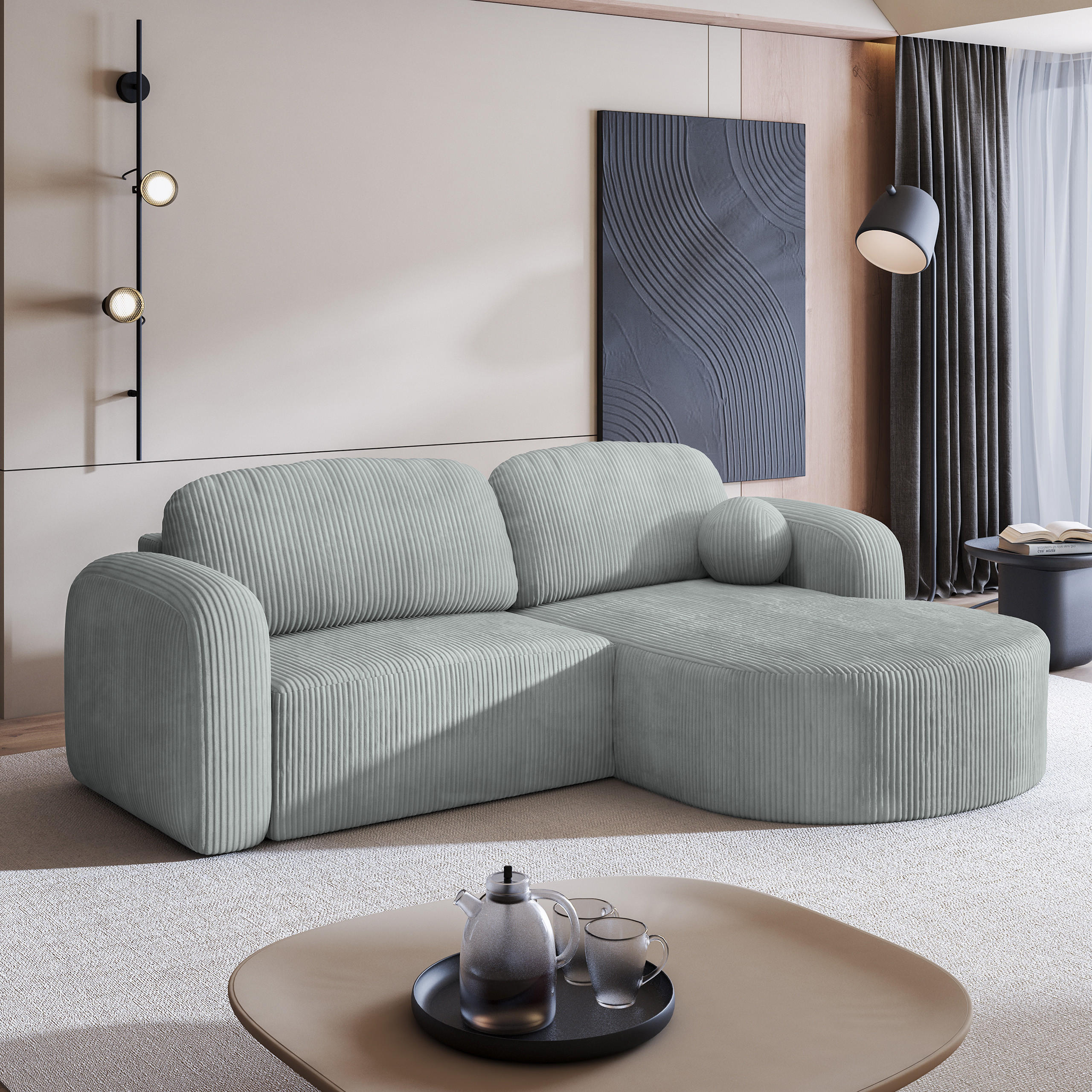 ECKSOFA AMILIA P R-S Hellgrau Kordstoff mit Schlaffunktion - Hellgrau, Holz (263/174cm) - MASSENO