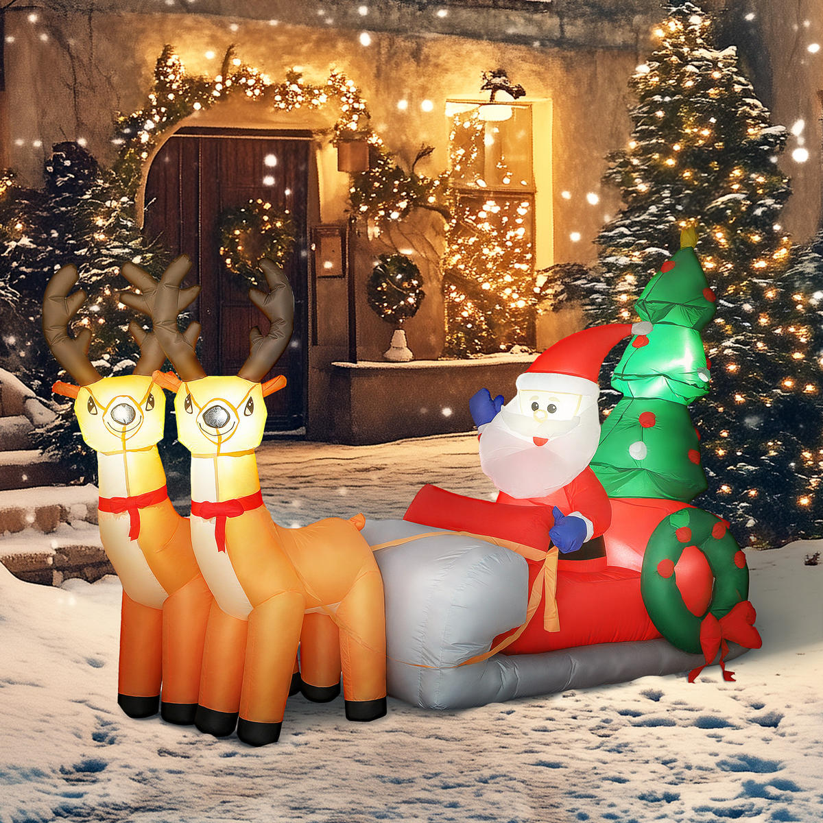 216 cm Aufblasbarer Weihnachtsmann auf Schlitten mit 2 Rentier mit LED-Lichtern - Multicolor, Textil (90/150/216cm) - Outsunny