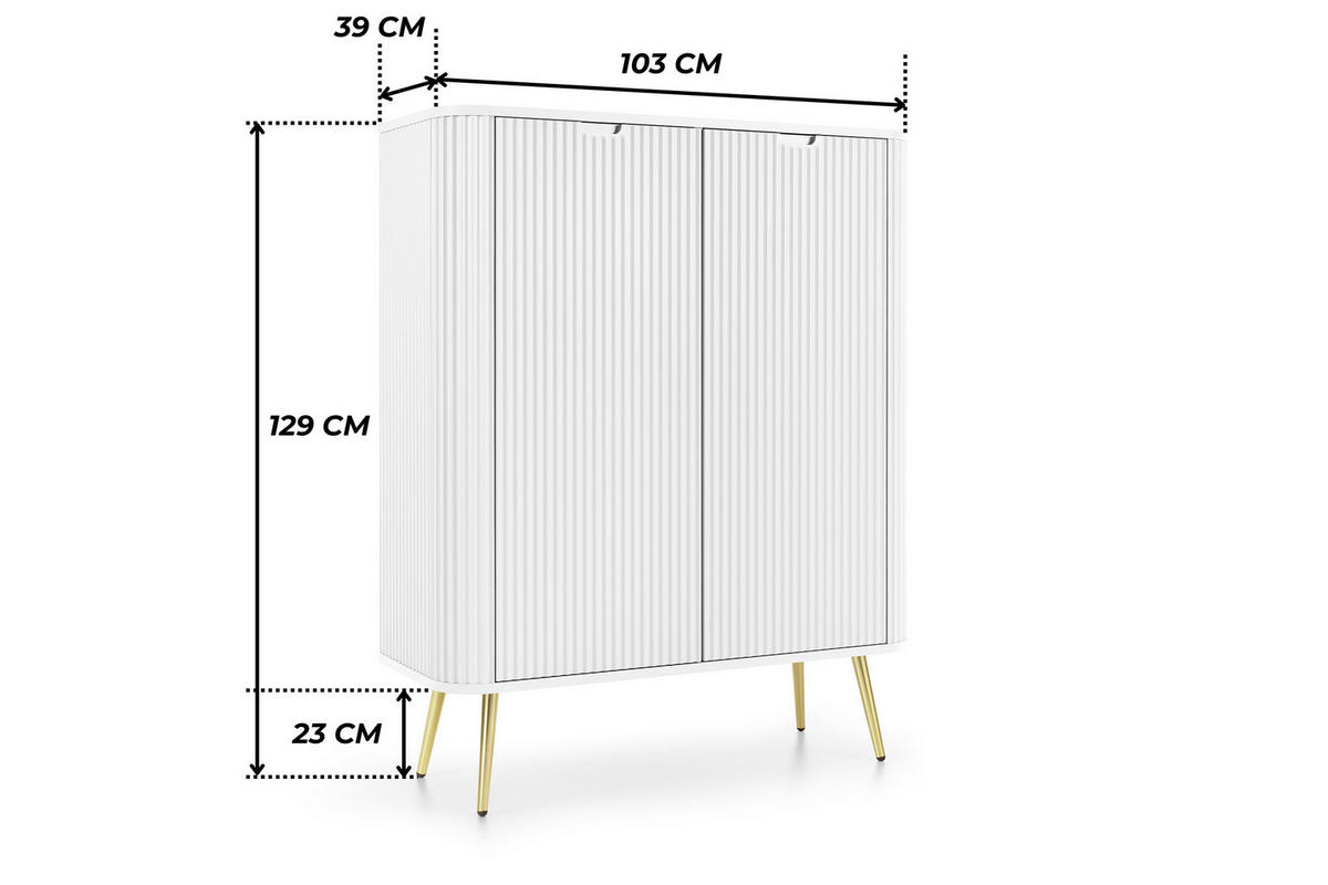 HOCHKOMMODE PORTO (Oval, Rillenfront, Weiß Matt, Goldene Füße) - Goldfarben/Weiß, Holz/Holzwerkstoff (103/129/39cm) - Ravio