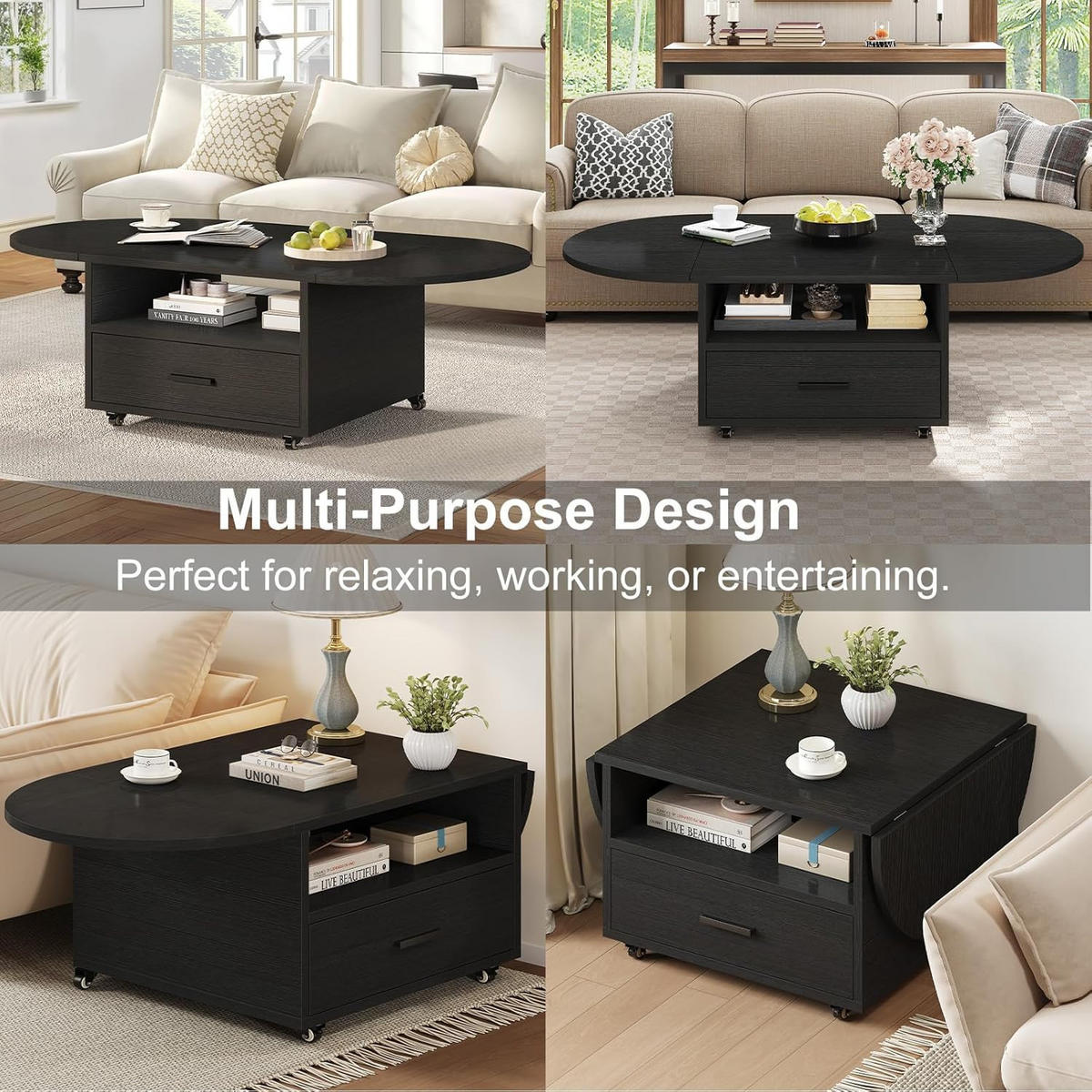 COUCHTISCH Wohnzimmertisch mit Stauraum 120 x 60 x 45 cm Klappplatte - Schwarz, Holzwerkstoff/Metall (120/120/45cm) - Quality Elegance