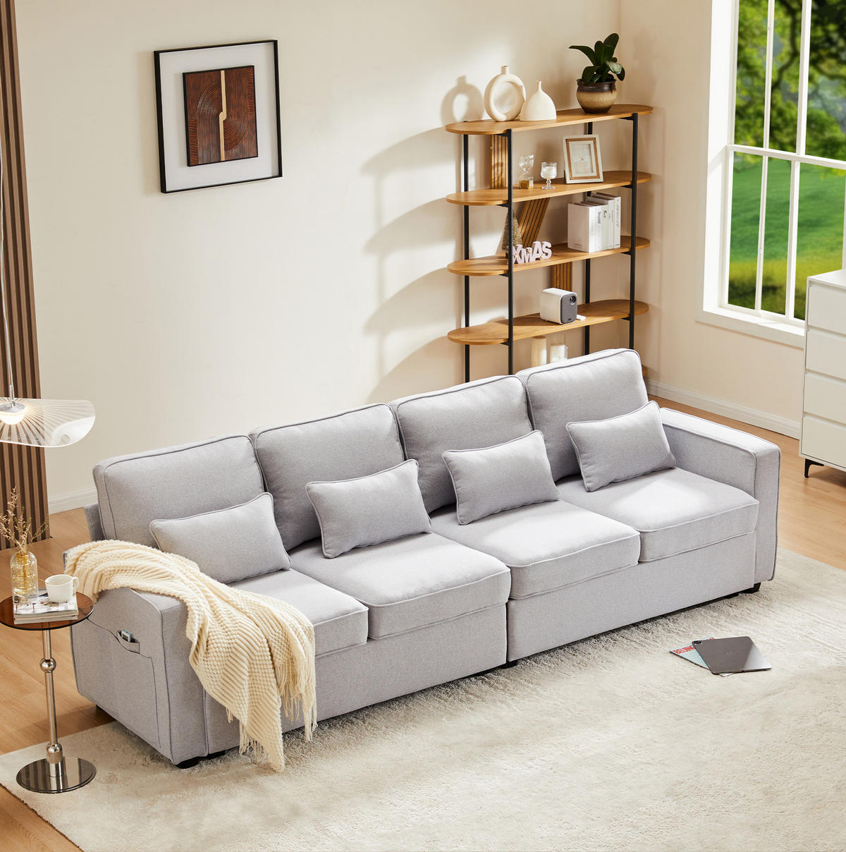 4-SITZER Sofa Leinenstoff mit Taschen an Armlehnen und 4 Kissen 264/83/87 cm Hellgrau - Hellgrau, Textil (87/264/83cm) - Redom