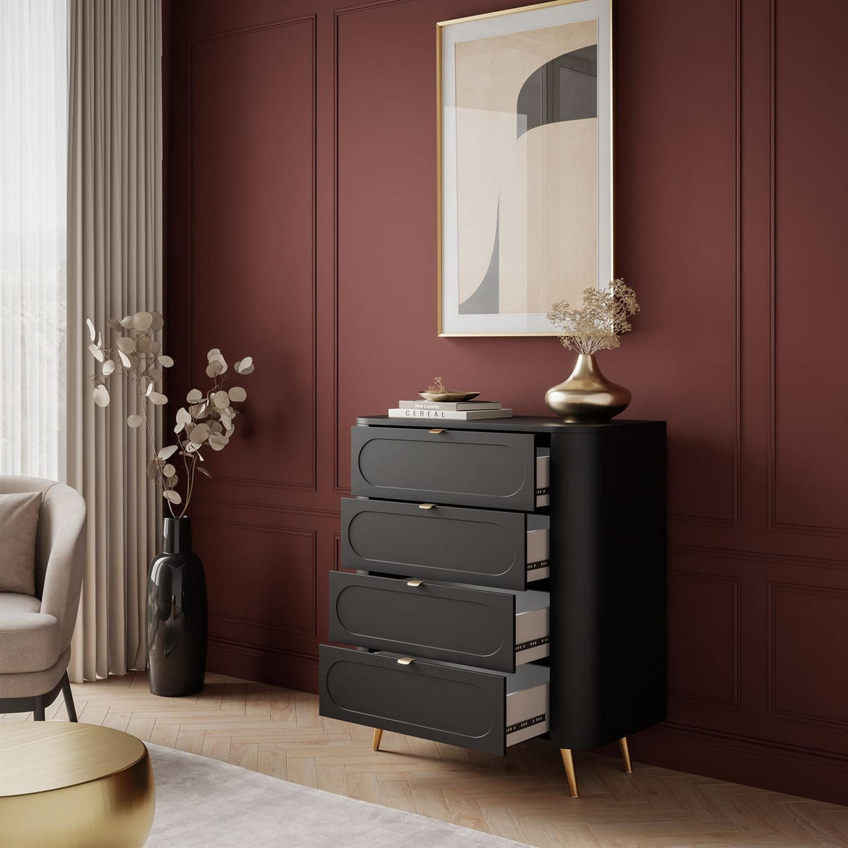 KOMMODE SHADOW II 4S mit Schubladen - Goldfarben/Schwarz, Holzwerkstoff (78/91/40cm) - Lookway