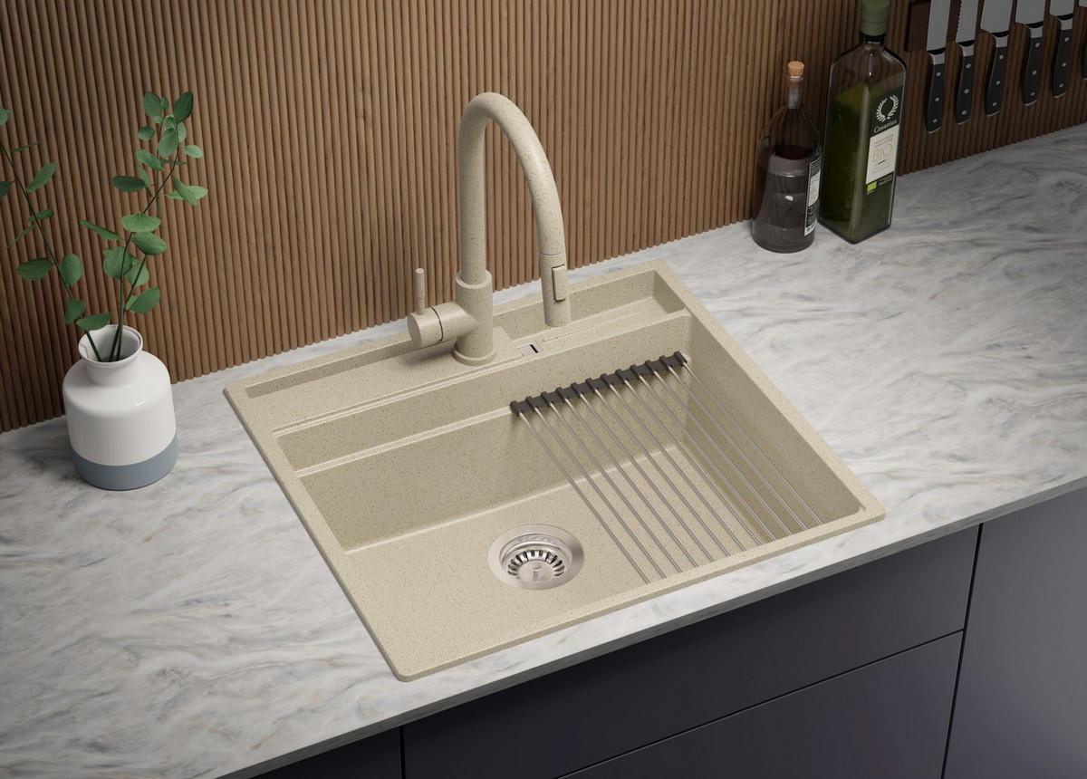 SPÜLBECKEN Oslo Pocket, 2-er set Beige 58/53 cm 1 Becken + Ablauf-Set + Küchenzubehörset ab 60er Unterschrank - Chromfarben/Beige, Kunststoff (58/20/53cm) - Primagran