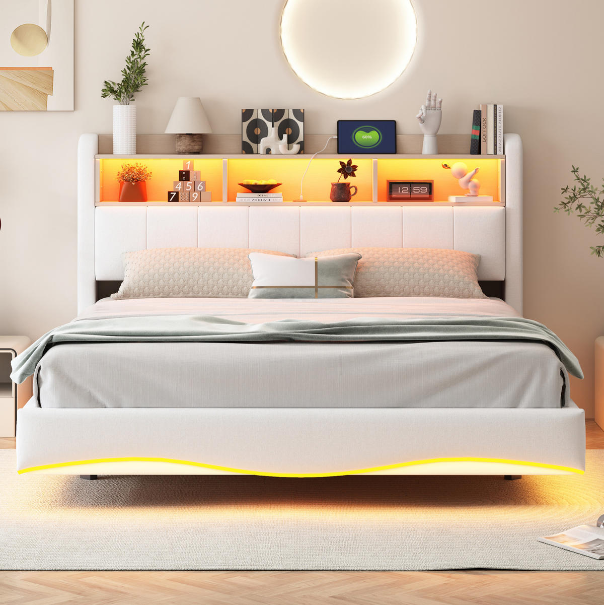 POLSTERBETT 160x200 cm Beige mit LED-Beleuchtung, USB- und USB-C-Anschlüssen sowie Stauraum - Beige, Textil (160/200cm) - IVMEU