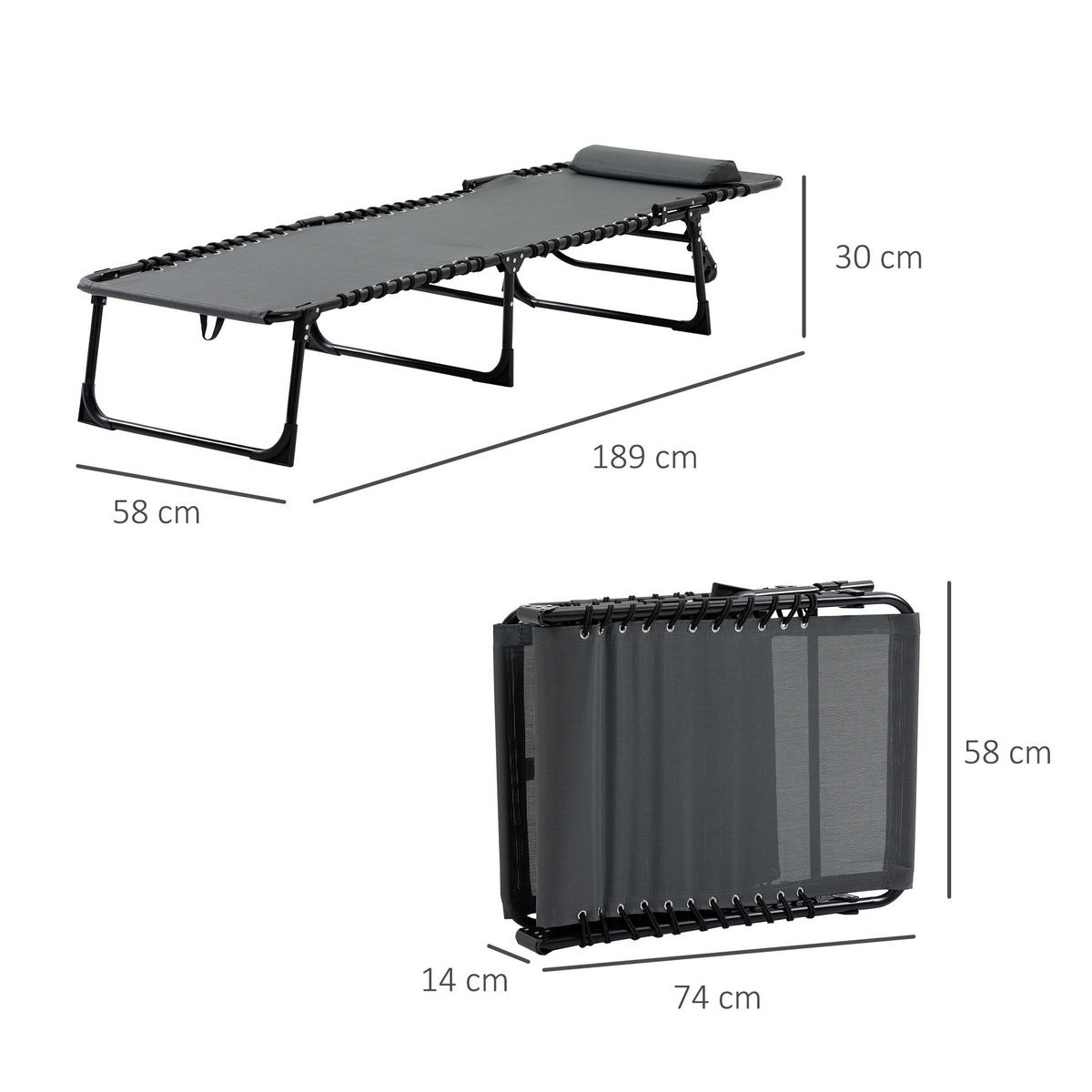 SONNENLIEGE Klappbare Gartenliege mit 5-fach verstellbarer Rückenlehne und Kissen 185 x 58 x 30 cm ,Grau - Grau, Metall (58/30/189cm) - Vallsero