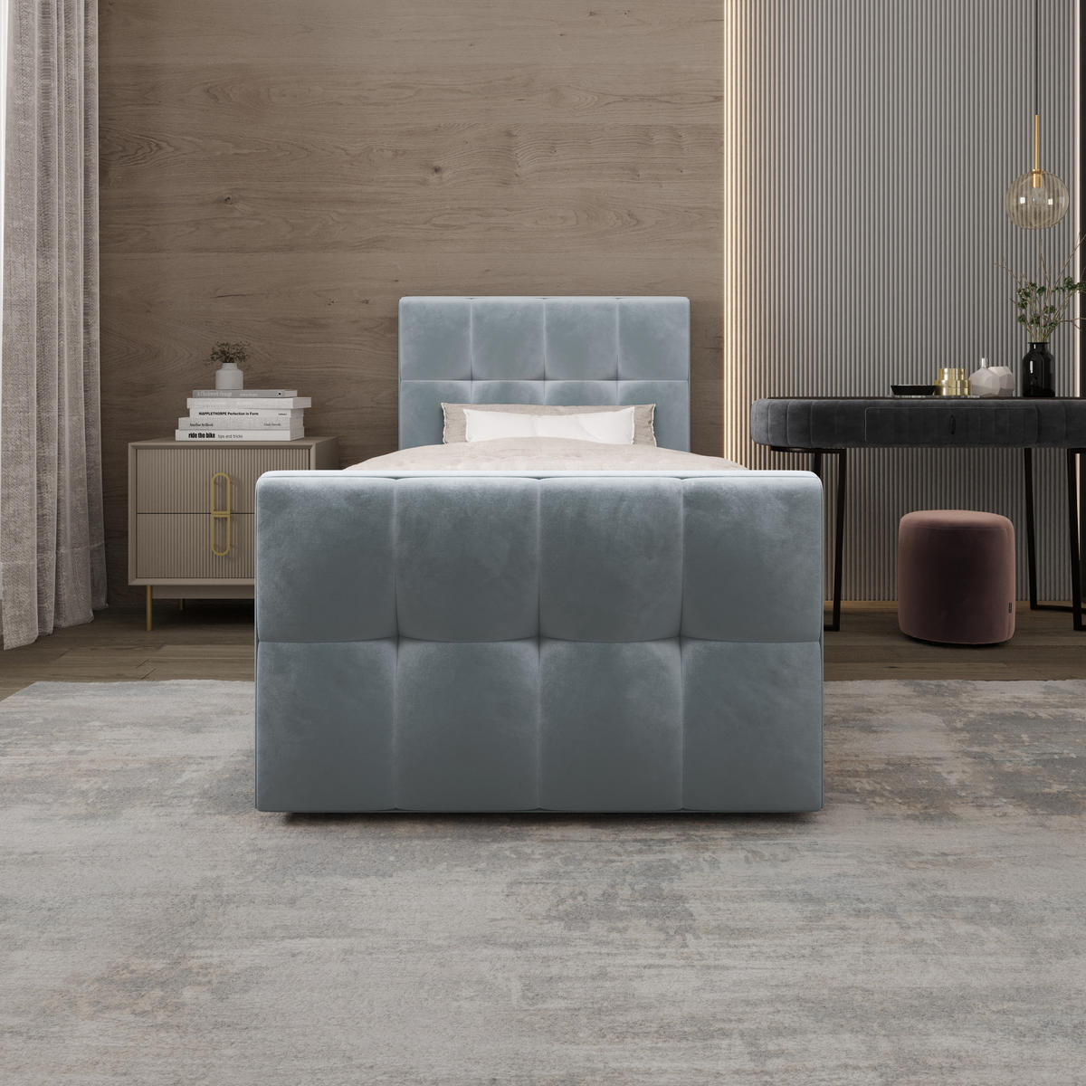 BOXBETT MANHATTAN mit Matratze H3, Bonell und Topper 100x200 Monolith 72 - Blau, Textil (100/200cm) - Bedante