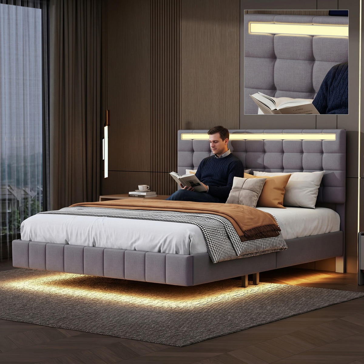POLSTERBETT 160/200 cm grau mit LED, USB und Kopfteil - Grau, Holz