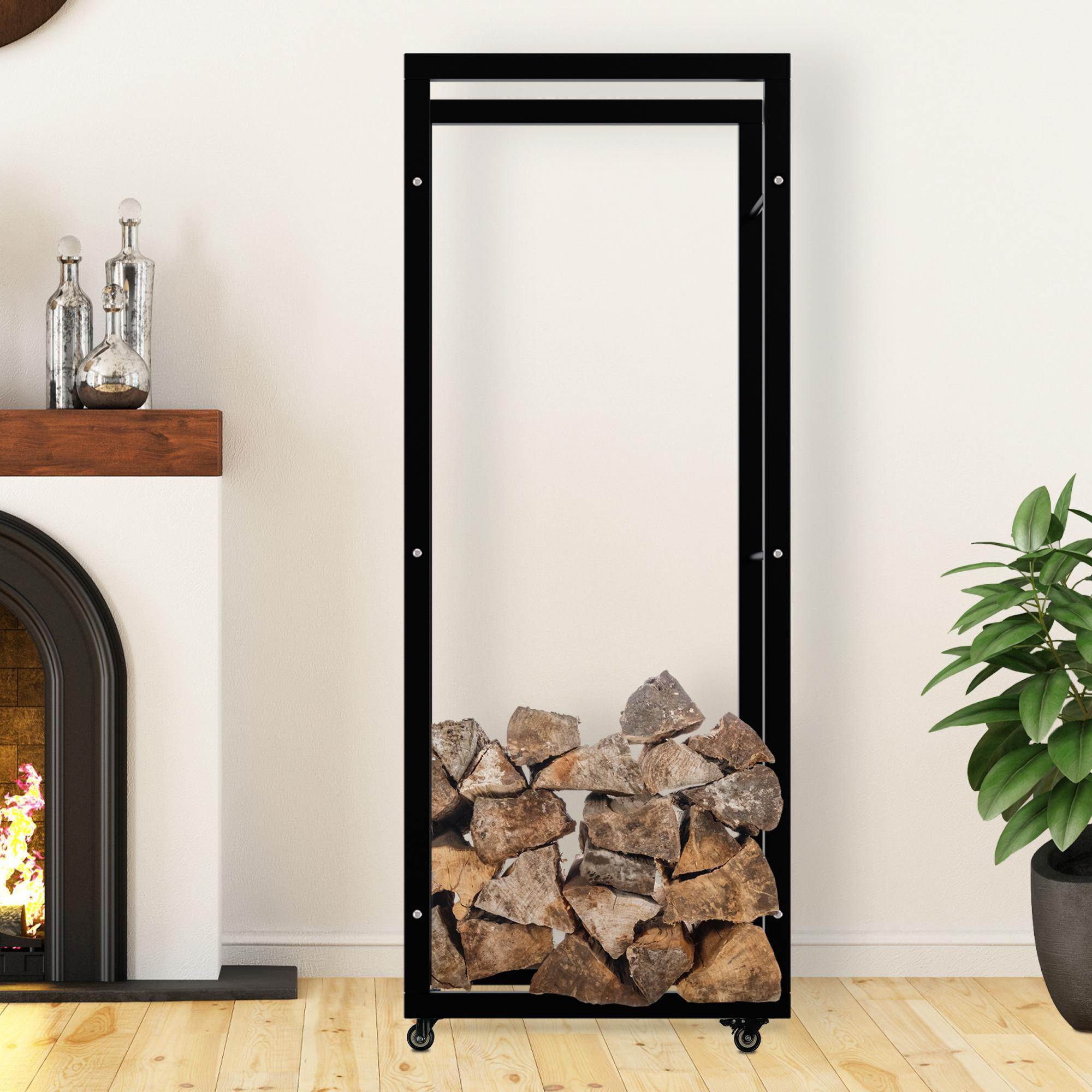 KAMINHOLZREGAL innen Metall SATLO Kaminholzständer mit Rollen Schwarz 25x60x150 cm - Schwarz, Metall (60/150/25cm) - DELUKE