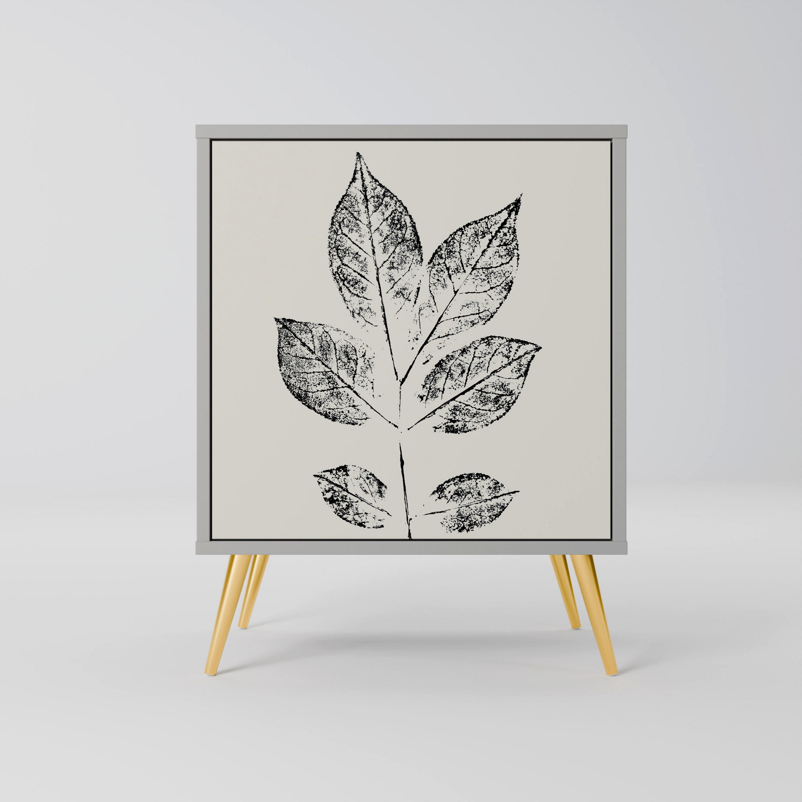 SIDEBOARD LEAFY STAMPS, Grau, 57,5x42x75,5 cm, Goldfarbene Metallfüße - Goldfarben/Multicolor, Holzwerkstoff/Metall (57.5/75.5/42cm) - SpaceRebels