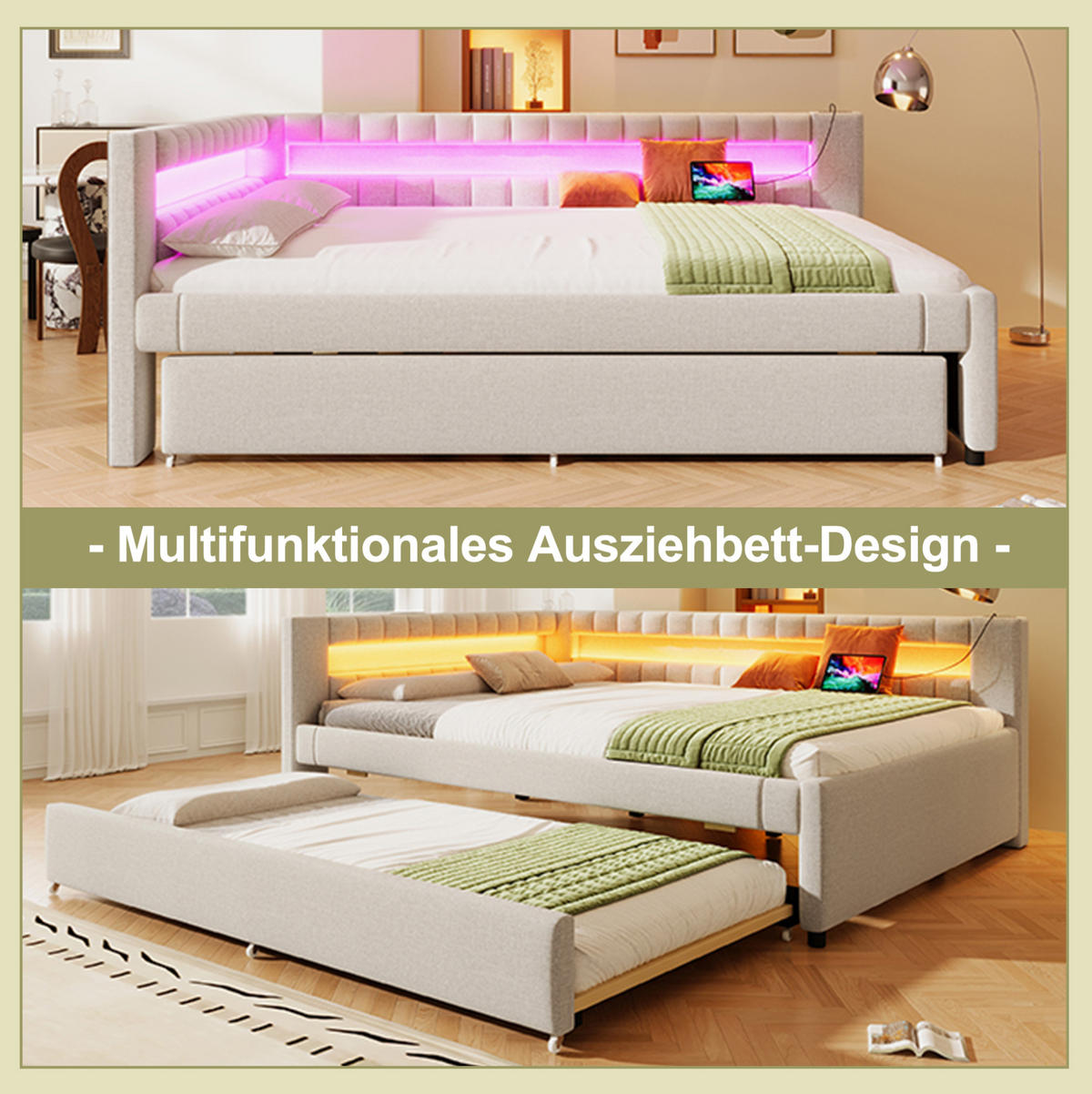 POLSTERBETT 140/200 cm Beige aus Leinen mit Ausziehbett und LED - Beige, Textil (140/200cm) - OKMYHOME