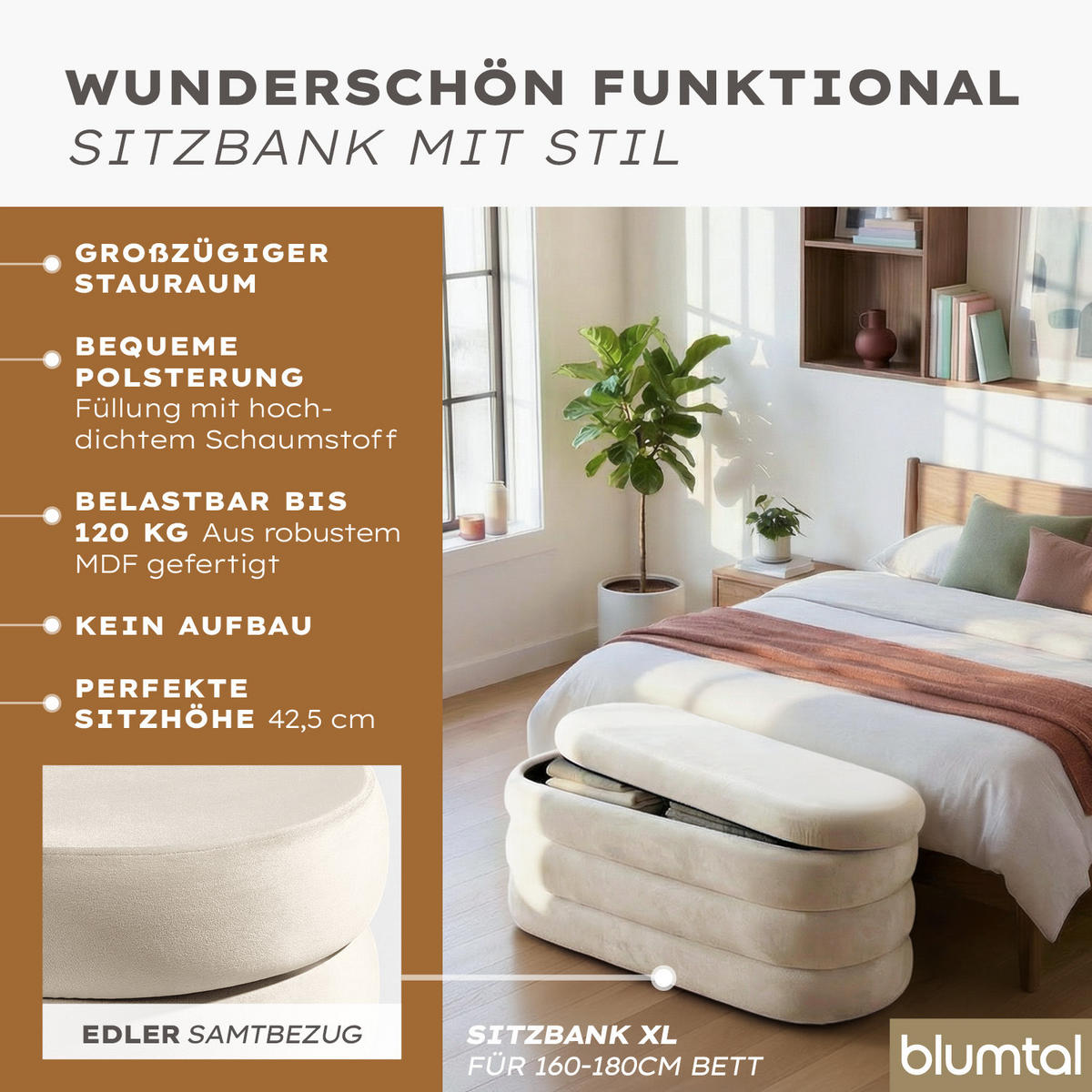 XL Sitzbank mit Stauraum Oval – Samt Truhenbank Creme - Beige, Textil (45/42.5/110cm) - Blumtal