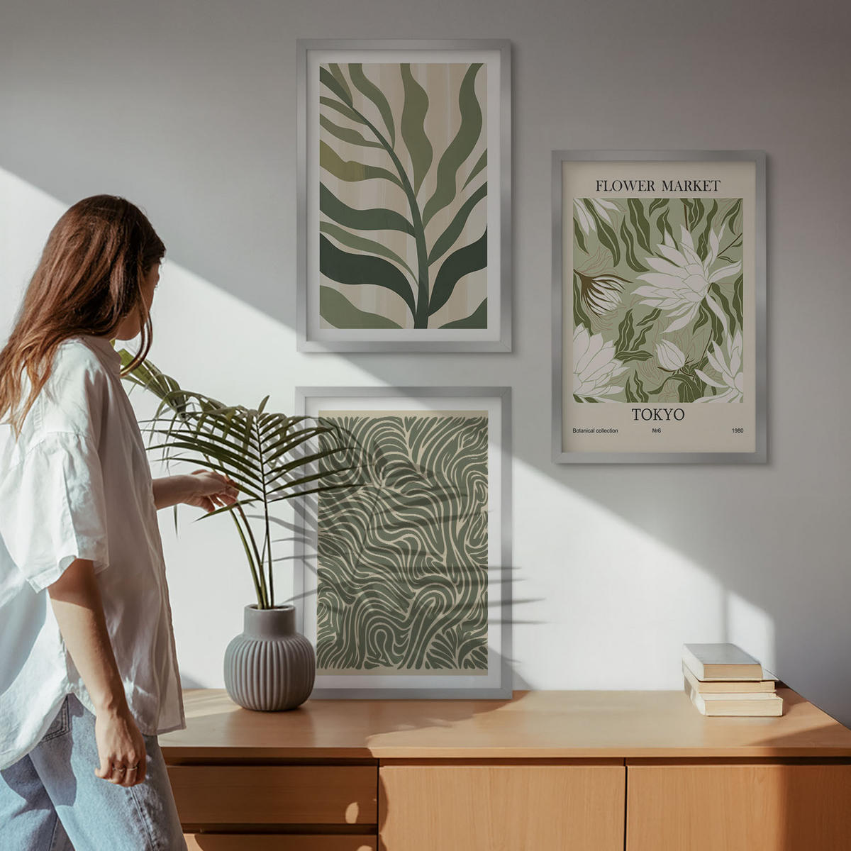 BILDER SET 3er Set - 40x60 cm Silberner Rahmen - Pflanzenmuster, Boho-Dekorationen - Silberfarben, Kunststoff (40/60cm) - TULUP
