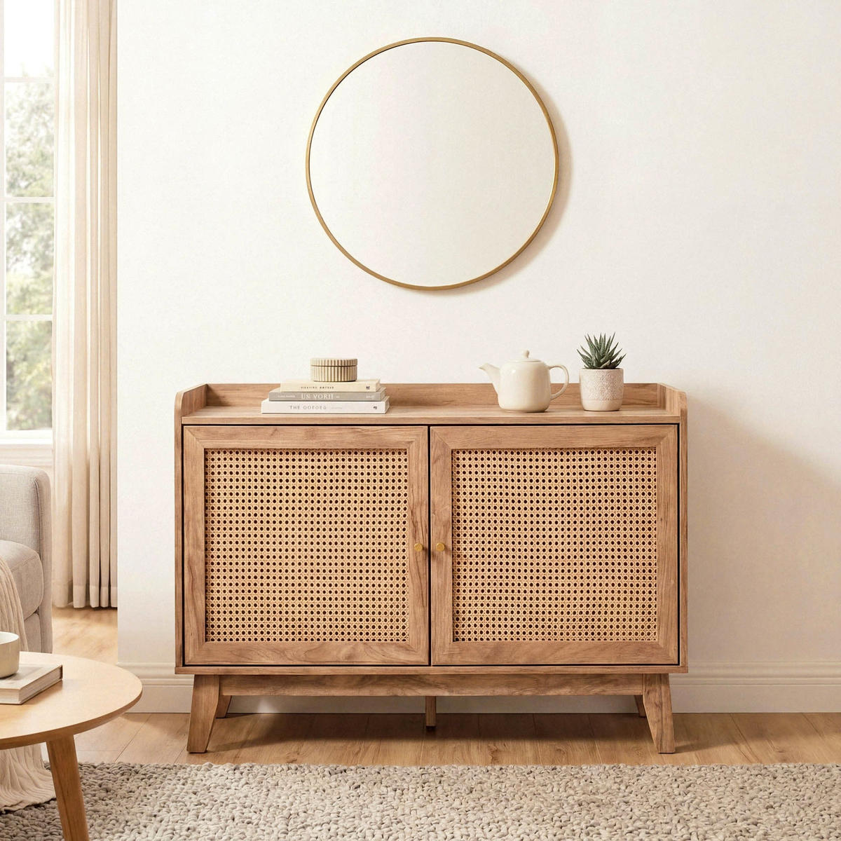 SIDEBOARD 2 türen mit rattan-geflecht - palmo 110/39/74,5 cm - Eschefarben, Holzwerkstoff (39/74.5/13cm) - Calicosy
