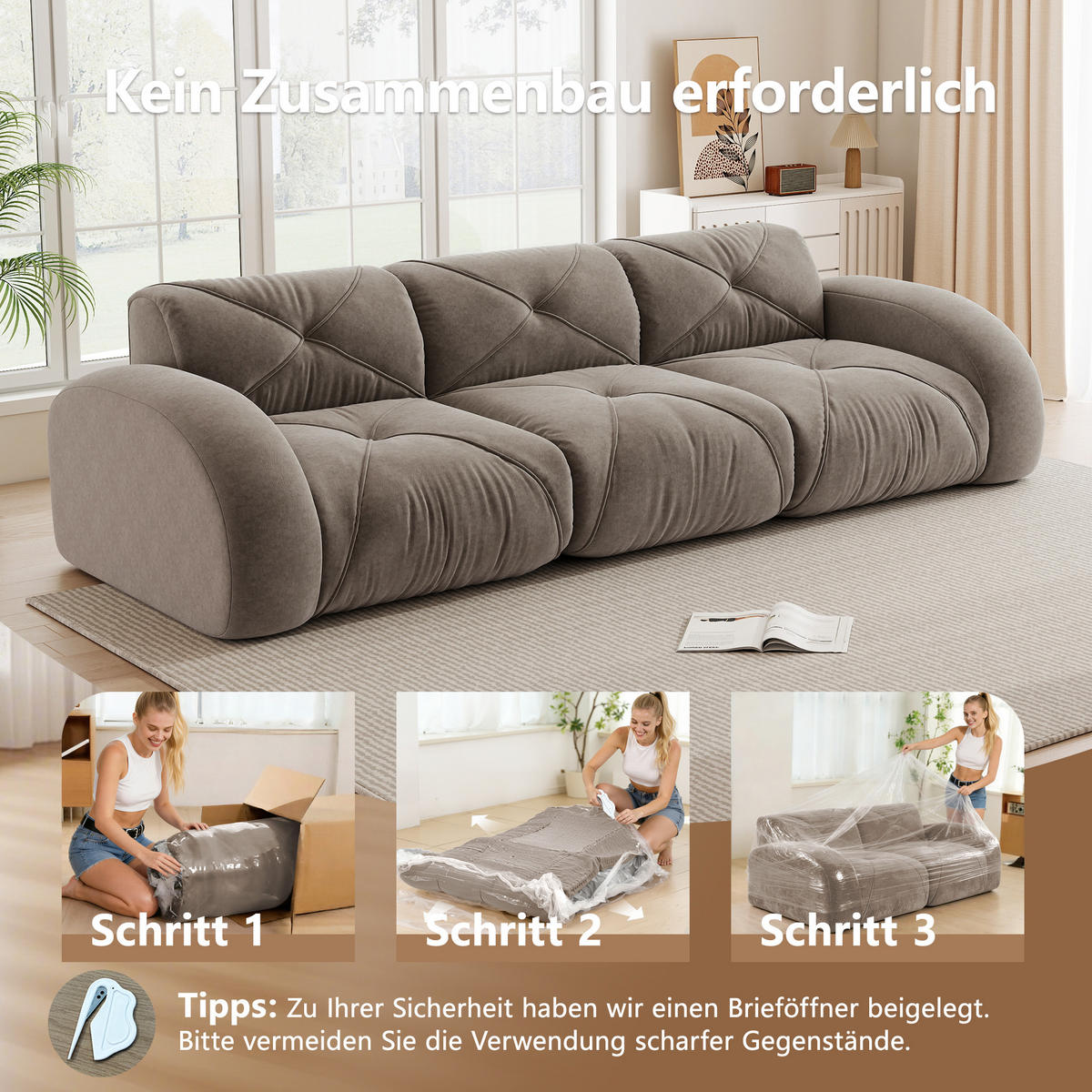 3-SITZER Sofa 281×95×76 cm Chenille rahmenlos modular, braun - Braun, Textil (95/76/281cm)